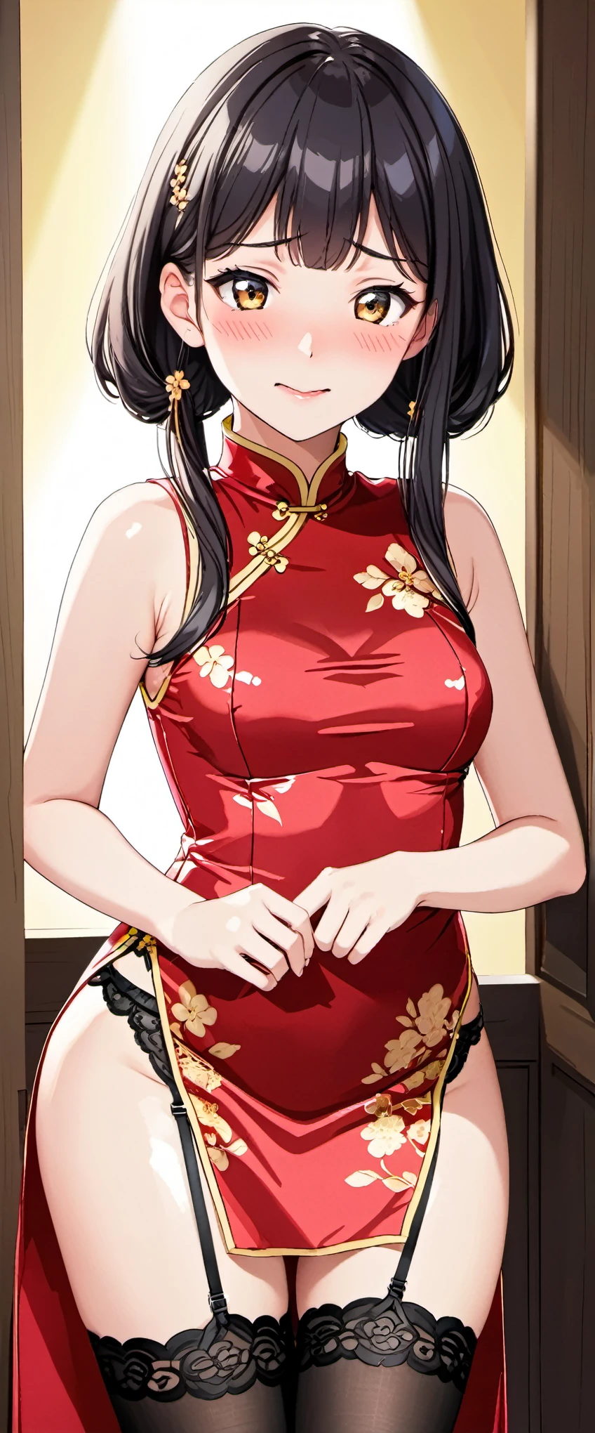 High resolution, adult woman , good lighting, despicable, , (No nudity), (((shiny cheongsam))),(garter belt),cute face, I&#39;m embarrassed and blush, humiliating, (()),