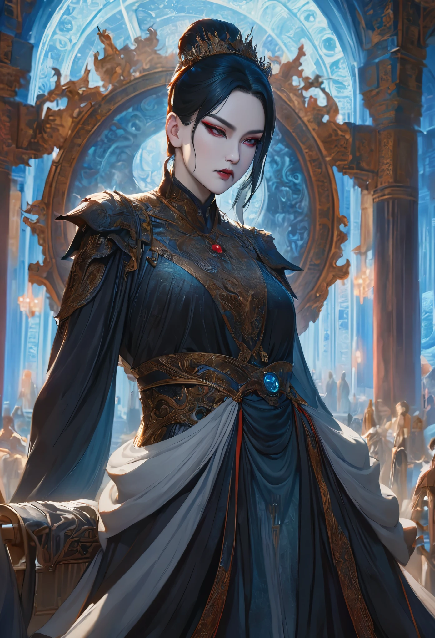 (high quality: 1.3), movie shot, masterpiece, (sharp focus: 1.5), (lifelike: 1.3), medium portrait (A beautiful young vampire woman, pale skin, Gothic, Still proud and fierce, Black short bob straight hair, dark appearance, Wearing a detailed dark tunic, dark atmosphere, But sculpt the shapes with stark contrasts of light and dark), It&#39;s night, (highly refined skin), (Detailed face),  Detailed background, dark lights, twilight lighting, Volumetric lighting, intricate details, ultra high definition,