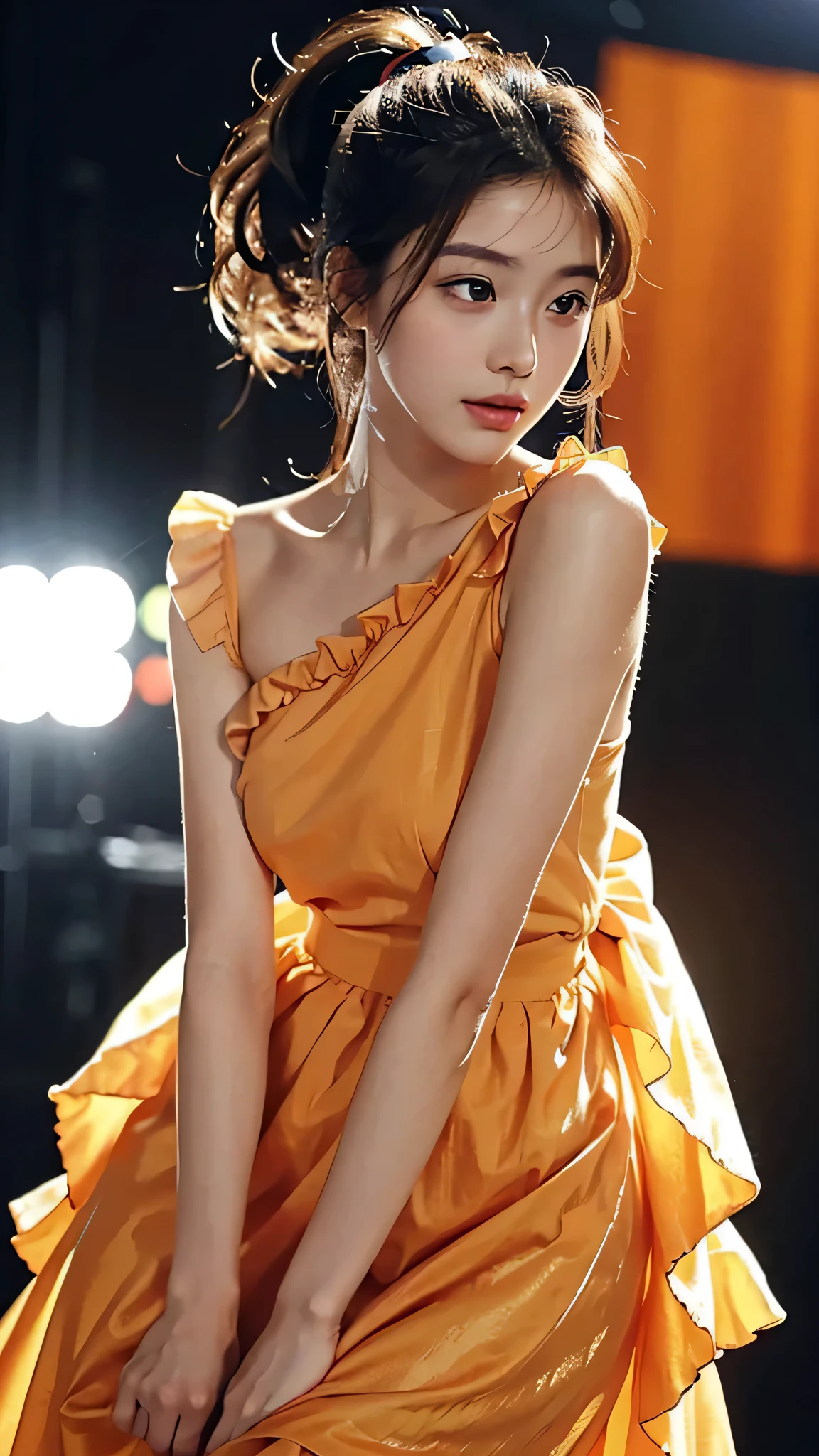 Orange colored long dress with lots of ruffles, softly shaped skirt,Spotlight on stage,close-up of face, One woman,fully body photo,masutepiece, The highest image quality, High quality, the background is clear,Beautiful woman, Japanese, Detailed, Detailed eyes, Detailed skin, Beautiful skin, 超hight resolution, (reality: 1.4),Very beautiful woman, Slightly younger face, Beautiful skin, slender, (Ultra photo realsisim), (hight resolution), (8K), (Very detailed) (beautifully detailed eyes), (super detailed), (Detailed face), view the viewer, Fine details, Detailed face, Staring straight ahead, Staring straight ahead, photos realistic, Bright lighting, Professional Lighting, Black hair,poneyTail,a baby face,sixteen years old,Hairstyle is ponytail,long ponytail hairstyle,slight smile,