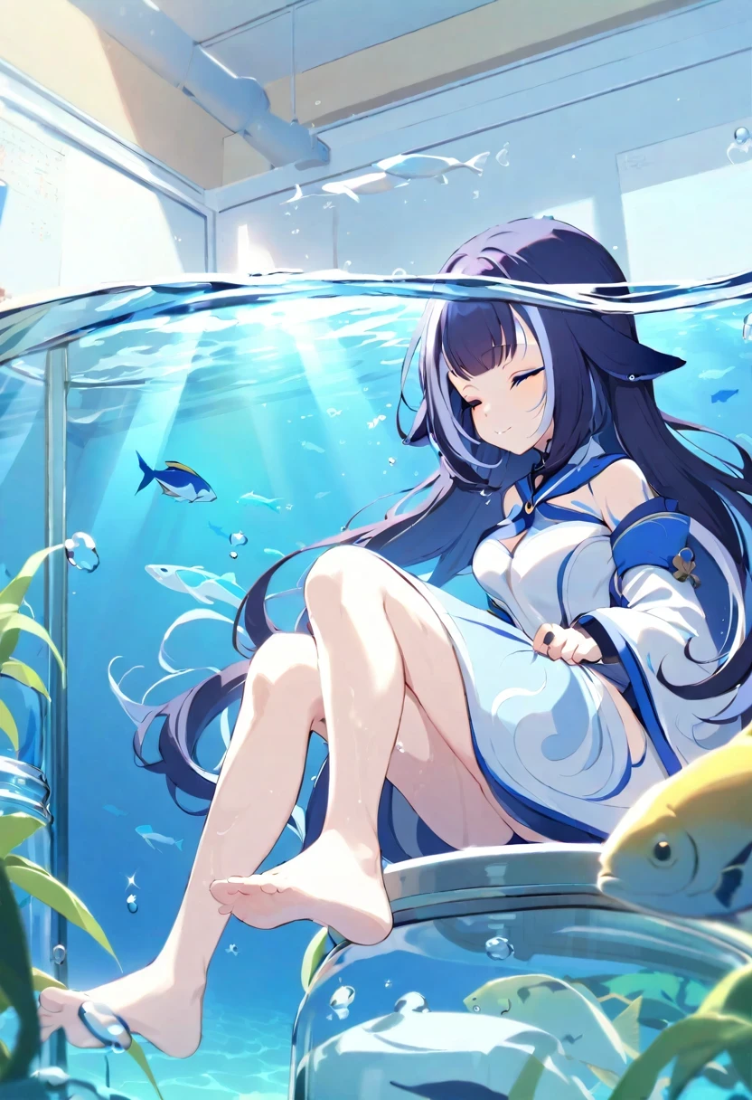 (((shylily))),（（（（（（inside jar）））））） A piece of, longer sleeves, sitted, Barefoot, Indoors, Bareleged, desks, Knees, desk work, (The fish, airbubble, under the water, airbubble),