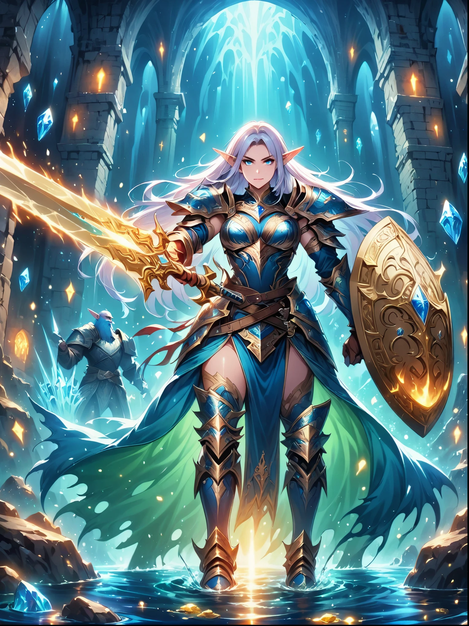 (((Dungeons & Dragons))),A glittering dragon's underground lair featuring an elf in armor and weapons guarding treasure-filled chambers, chests brimming with gold coins and gems, pools of water and minerals, wizard orcs and trolls patrolling, (shining armors, shining swords),magical spell books,scrolls,flaming torches,mysterious runes,rock walls,crystals,gemstones,detailed elf,intricate armor,intense eyes,captivating face,pointed ears,long silver hair,drawn sword,shield ready, focused determination,dungeon lighting,caves,high fantasy
