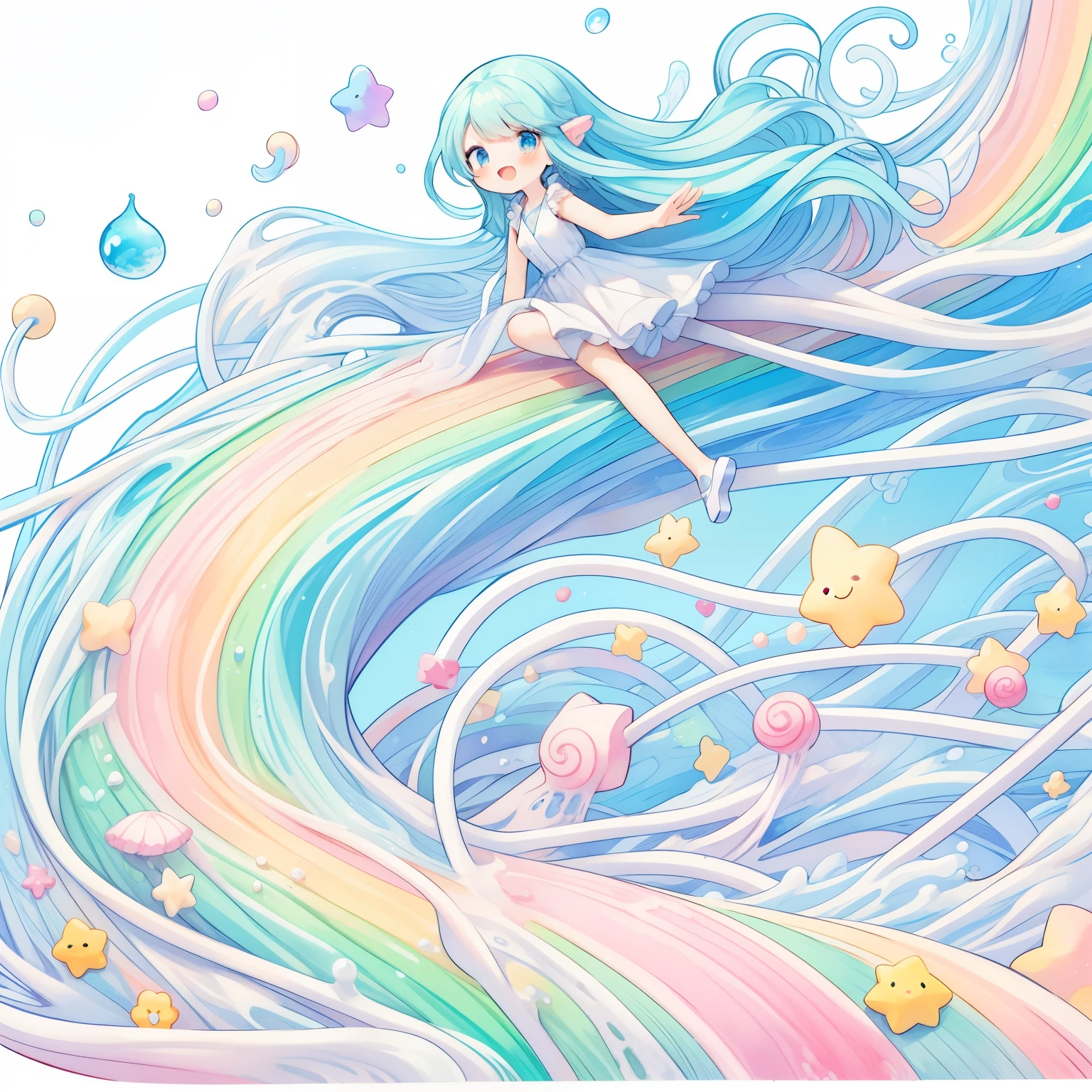 anime girl with long hair flying over a rainbow colored wave, pastel watercolor anime、A fairy is flowing along with the white straight noodles on the waterslide.、While holding Nagashi Somen with a smile、a beautiful artwork illustration, with sprouting rainbow hair, pastel overflow, digital art on pixiv, ethereal rainbow nimbus, dreamy psychedelic anime, anime girl with cosmic hair, anime fantasy illustration, soft rainbow, cute artwork, beautiful anime artwork, soft anime illustration, cute detailed digital art, by Yuumei