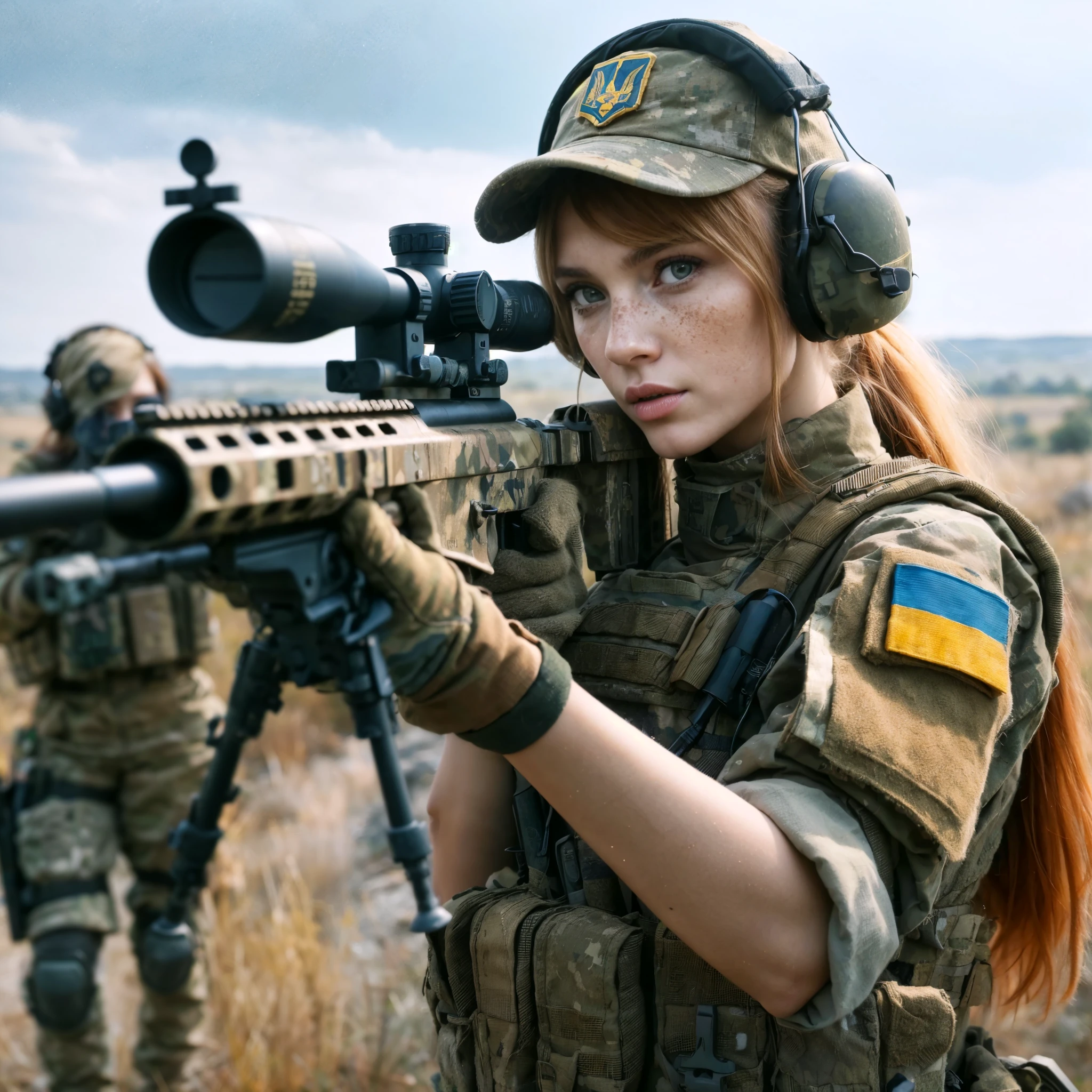 Masterpiece, a full body shot of a 28 years old Ukranian female military sniper in an eastern Europe military combat zone, ultra realistic UHD. She is wearing a ukranian pattern camo military uniform and a camo cap with headphones. She is standing on top of a hill and aiming with her sniper rifle ready to fire. The background is a typical eastern Ukraine landscape . she has a beautiful and concentrated face. She has long ginger hair in a ponytail with green eyes. her skin is pale and she has some freckles on the face, an arafed female soldier with rifle and rifle in field with other soldiers, of a sniper girl in war, infantry girl, soldier girl, mechanized soldier girl, military girl, beautiful female soldier, sniper, realistic soldiers, infantry girls, ukrainian, with rifle, portrait of soldier girl, 4 k post, 4k post, holding a sniper rifle, fps game, 8K, ultra high resolution photorealistic, UHD, RAW