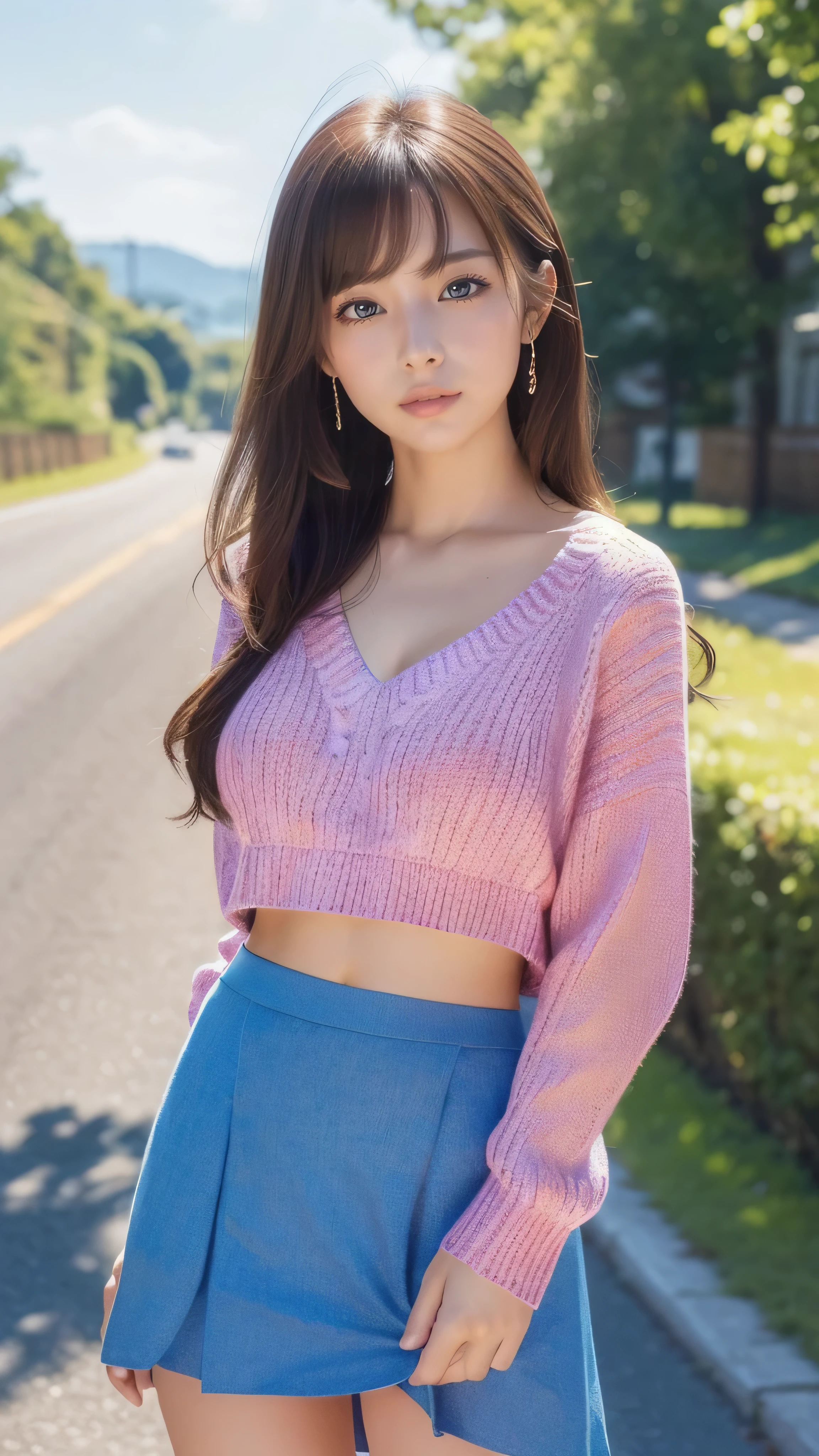super detailed,bright colors,(8k:1.5),Masseter muscle part,very beautiful detailed face and eyes、summer morning、Ghibli,summer country road,25years old,beautiful breasts,midriff peek,Fullbody,(V-neck-sweater:1.3),wearing knit sweater & miniskirt, (Flirtingly lifting her skirt to show her panties:1.3)