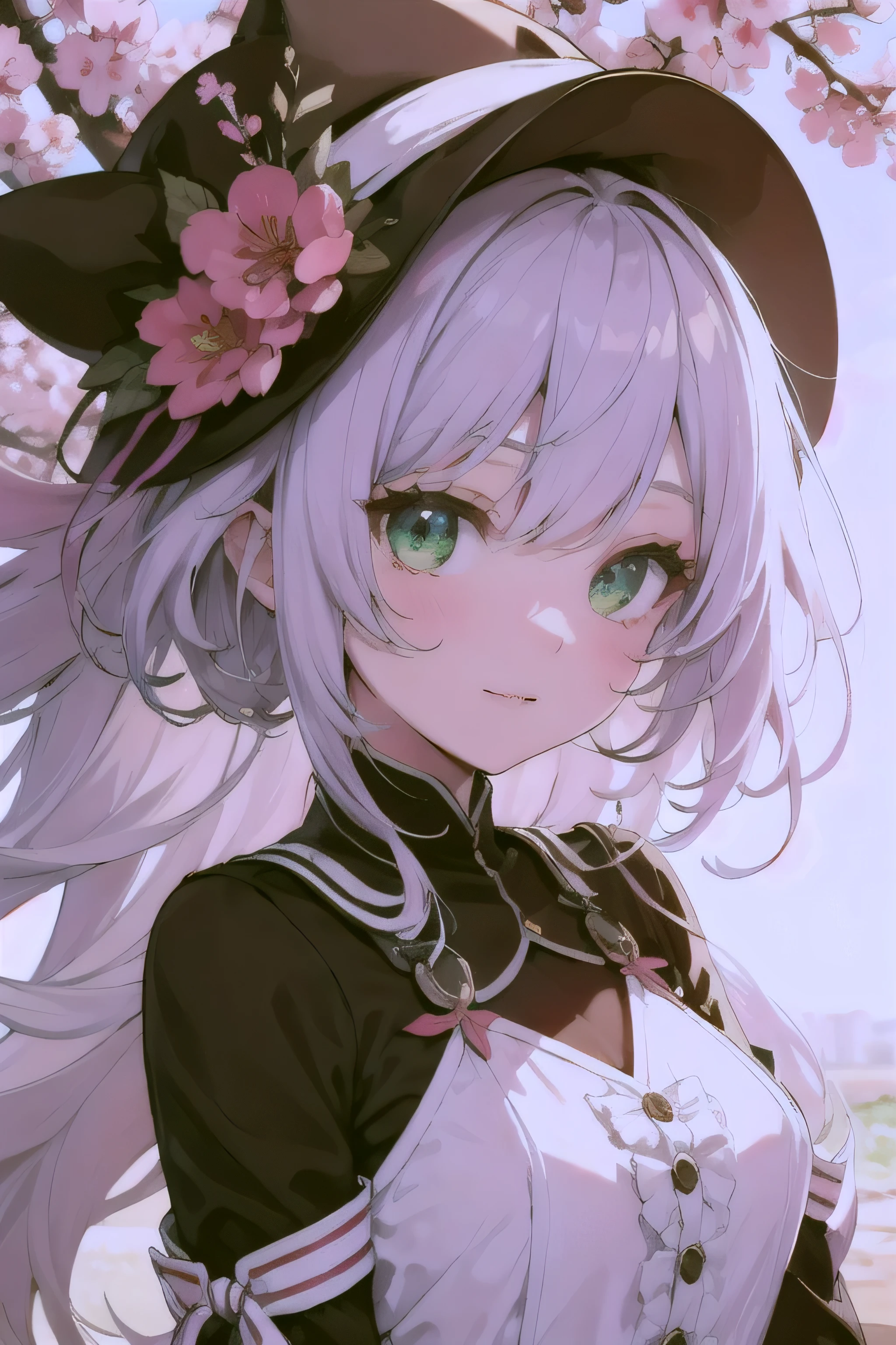 Beautiful illustration, Mejor calidad, cute , transform magical girl, chibi, white magical girl, fractal art, cara de bebe, pelo largo de malla blanca y roja pura, hermosos ojos rojos detallados, cinematic lighting, tiro de vaquero, mirando al espectador, desde la parte inferior, feliz, purple hair, green eyes and background with sakura trees, sonriendo