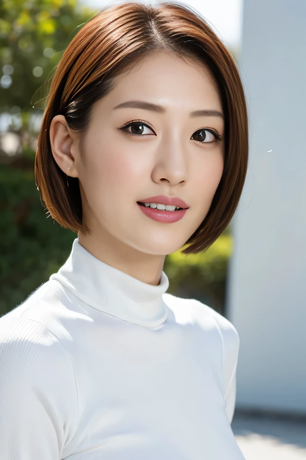 (highest quality,8K,masterpiece,realistic),
very beautiful japanese model,smile,30 years old,sharp face line,
big breasts,short hair,
turtleneck,