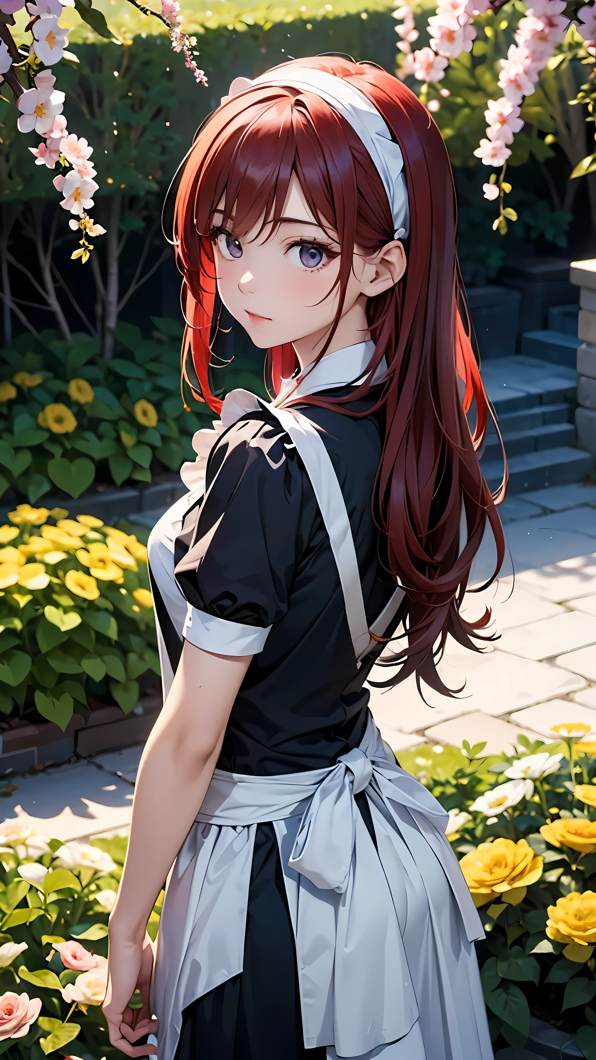(masterpiece, highest quality, highest quality,official art),(1 girl:1.3),(attractive girl),((masterpiece, highest quality)),８k,(Knee to head),long hair、(Red hair:1,3)、smooth hair,I&#39;m embarrassed、beautiful dark eyes、white apron、maid style、white headband,The skin on the back is visible、((look back))、large garden、Flowers in full bloom,aerial perspective,transparent、atmosphere、