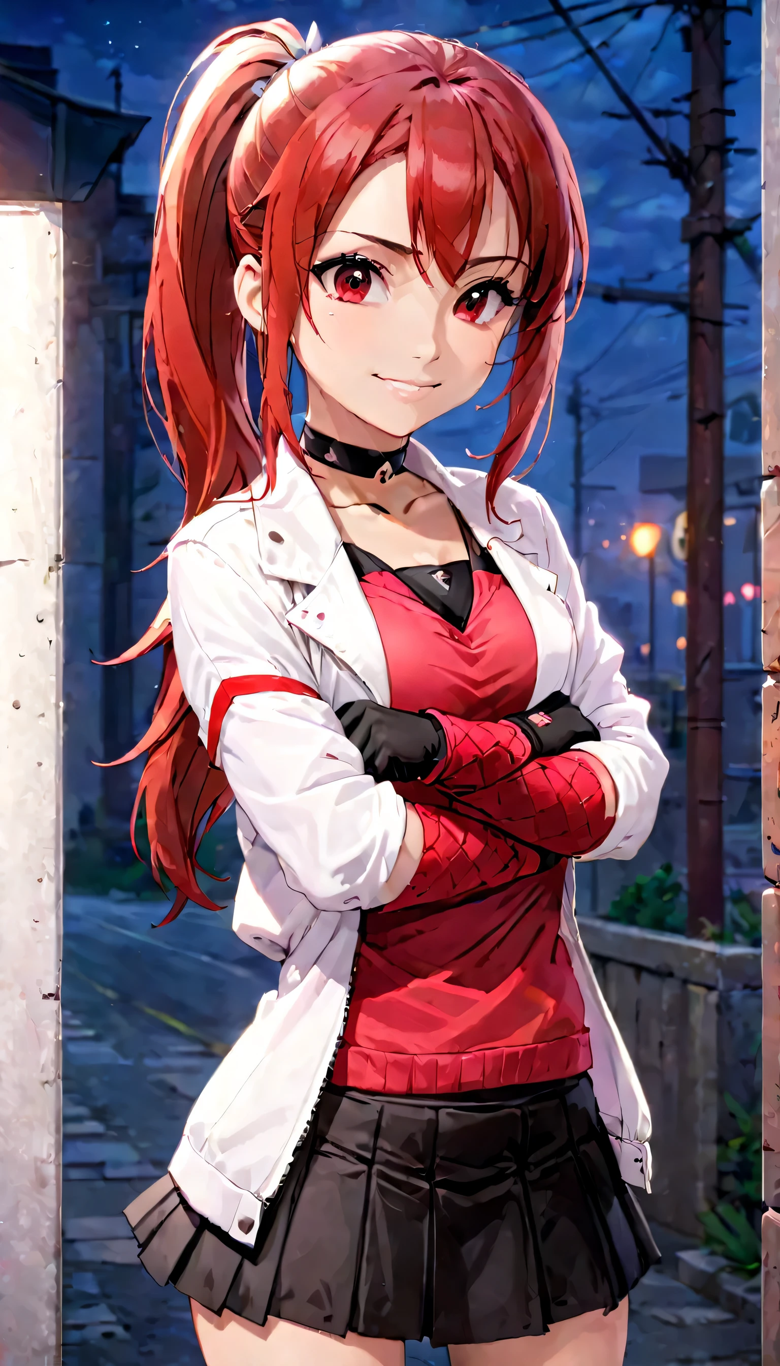 (best quality:1.2),solo,1girl,mdrin,smile,looking at viewer,crossed arms,ponytail,v-shaped eyebrows,white jacket,red shirt,fingerless gloves,black skirt,choker