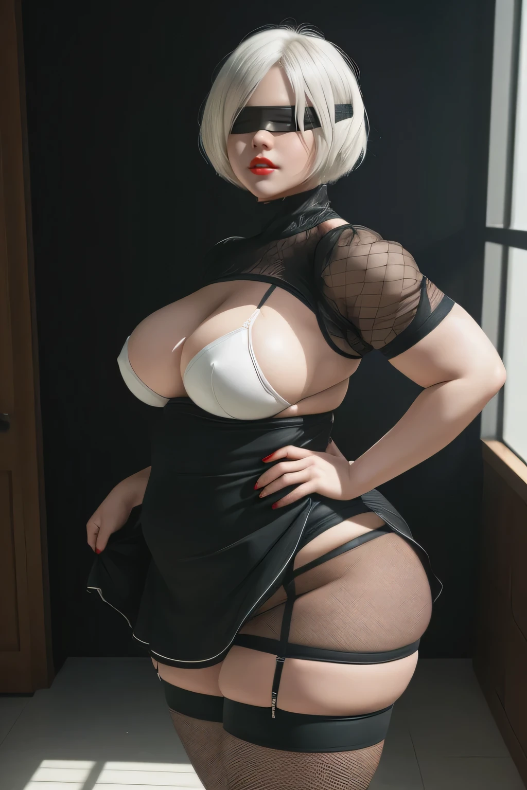 ((masterpiece)), ((photorealistic)), ((8k wallpaper)), ((best quality)), (perfect quality), solo, girl, Yorha 2b, short white hair, view from side, pose: ( shy pose, arm on waist, view from side, sexy pose), face: ( (very beautiful face), (perfect face), blindfold, cute face, makeup, young, (plump cheeks), (very plump face), (small double chin), (round face), red lips), figure: (very full body, big breasts, (very thick), (sexy curves), (very curvy), (chubby), (chubby belly), (chubby belly bottom), (belly bulge), wide waist, (big deep navel), thick thighs), clothes: (tight black miniskirt, miniskirt can't cover her ass, tight white suit, blindfold, fishnet)