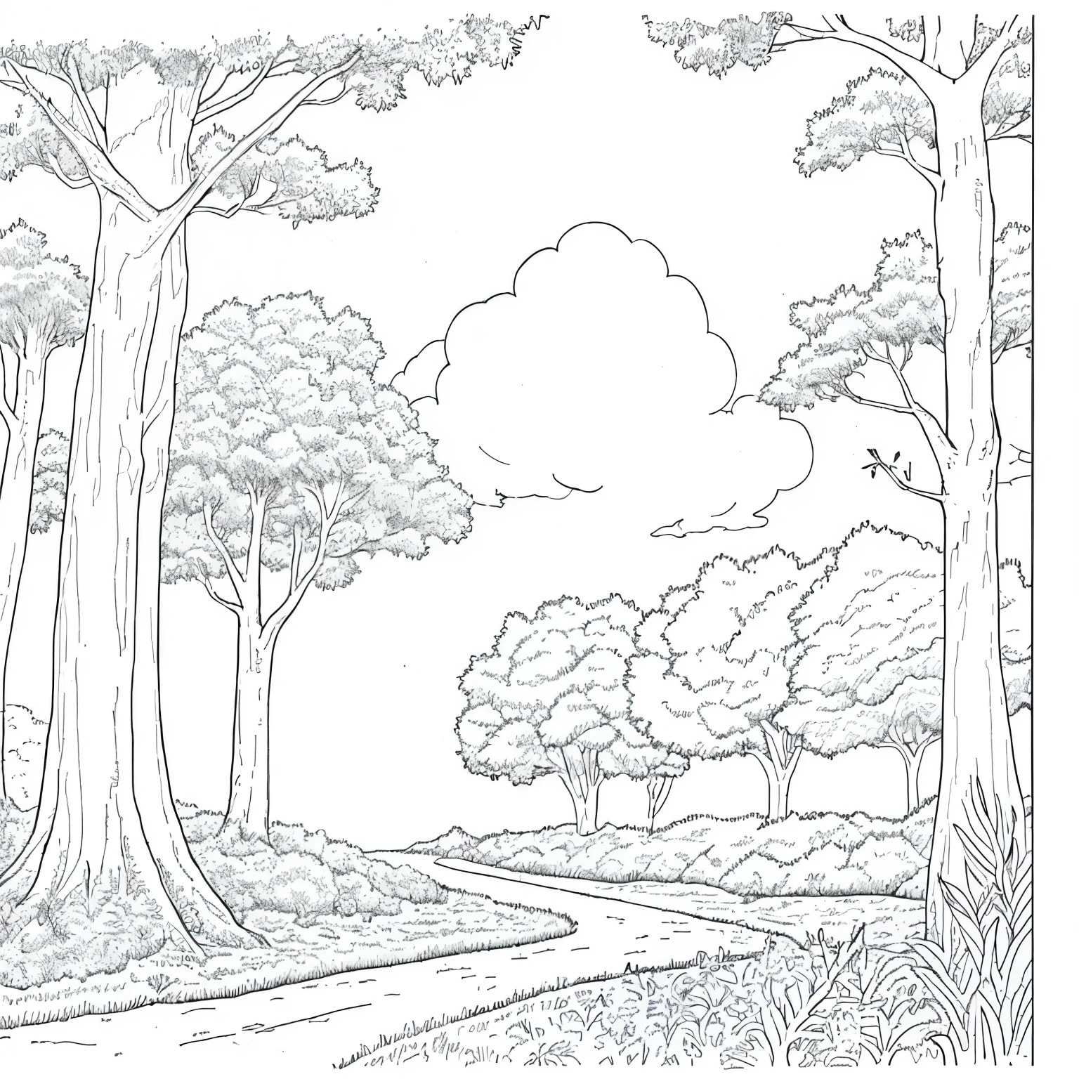 ((highest quality)), ((masterpiece)),simple design,Children's coloring book,forest tree々Blue sky glimpsed from、cloud,picture book,line drawing,black and white