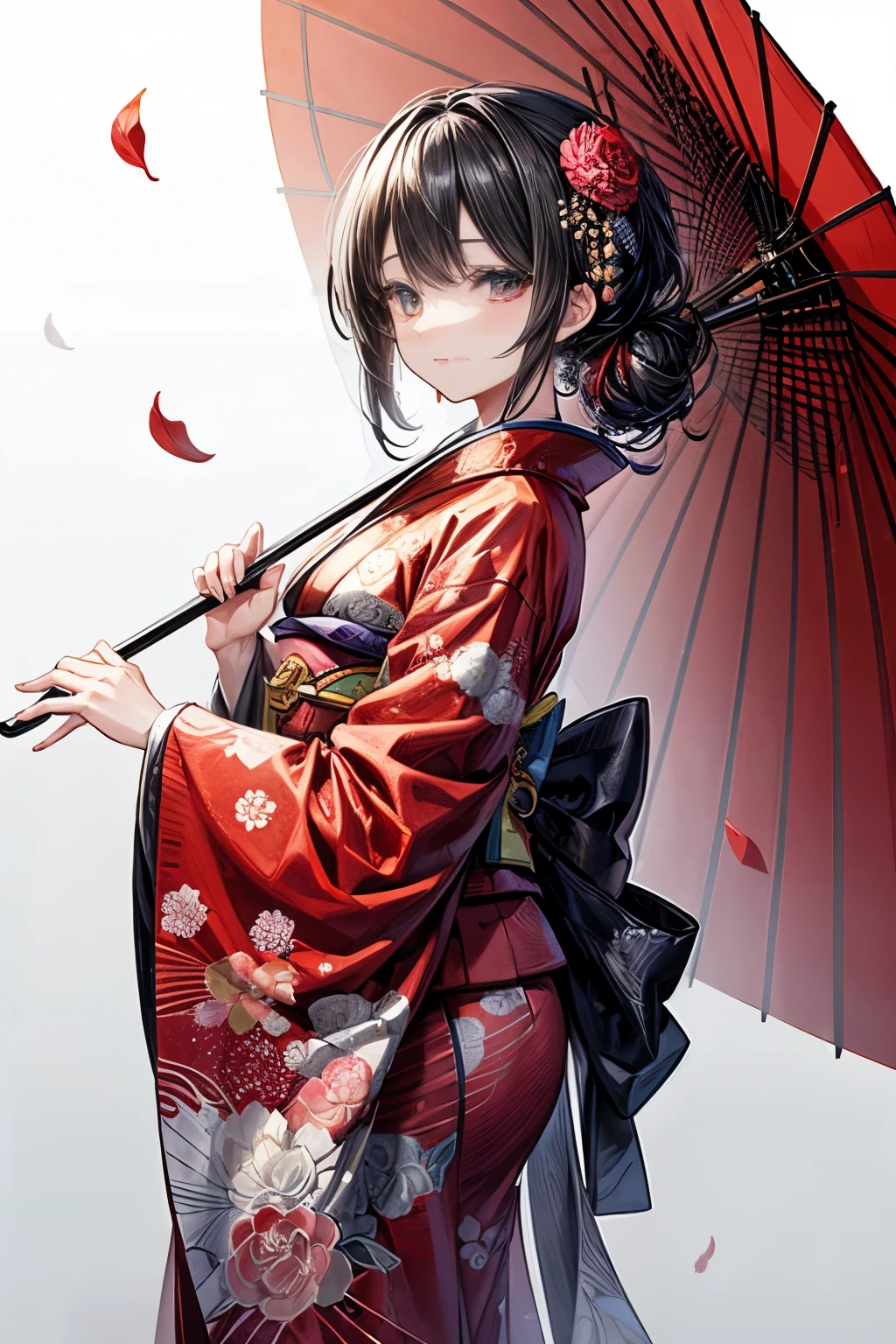 (Masterpiece, best quality) Delicately crafted character sheet, featuring a woman wearing a red kimono adorned with intricate flower patterns. She holds a Japanese umbrella, also decorated with beautiful flowers, shielding herself from the rain. Each detail, from the folds of her kimono to the delicate petals on her umbrella, is meticulously rendered in exquisite detail. The vibrant colors and subtle shading bring the scene to life, making it a true work of art.