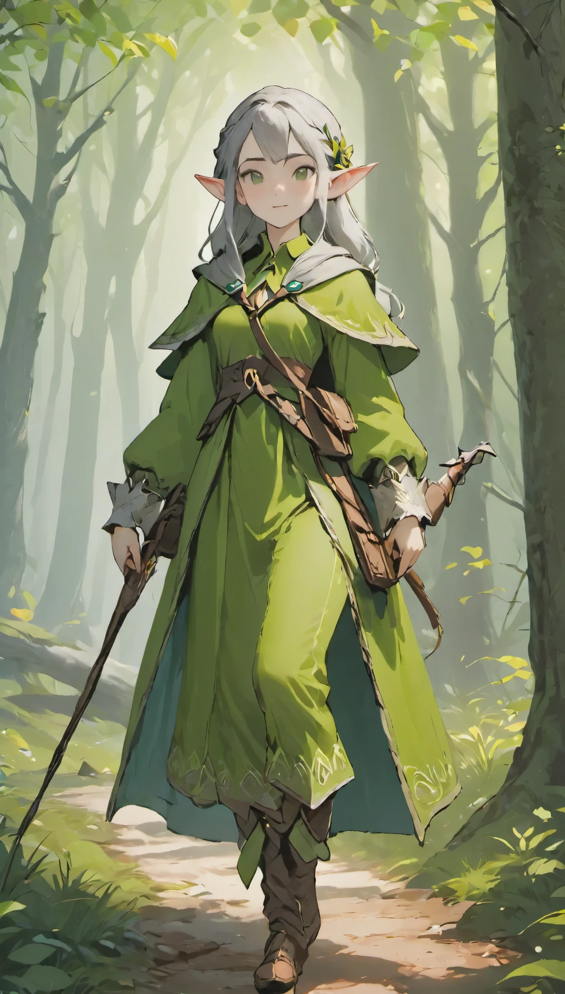 female adventurer, full body, Game Art Style, (masterpiece),  highest quality, High resolution, 4k, 8K, Detail view, intricate details, cinematic lighting, amazing quality, 1 girl, elf ears、green national costume、gray hair、have a bow、Carry a quiver on your back、sharp eyes、Deep woods、virgin forest、great shading, soft lighting