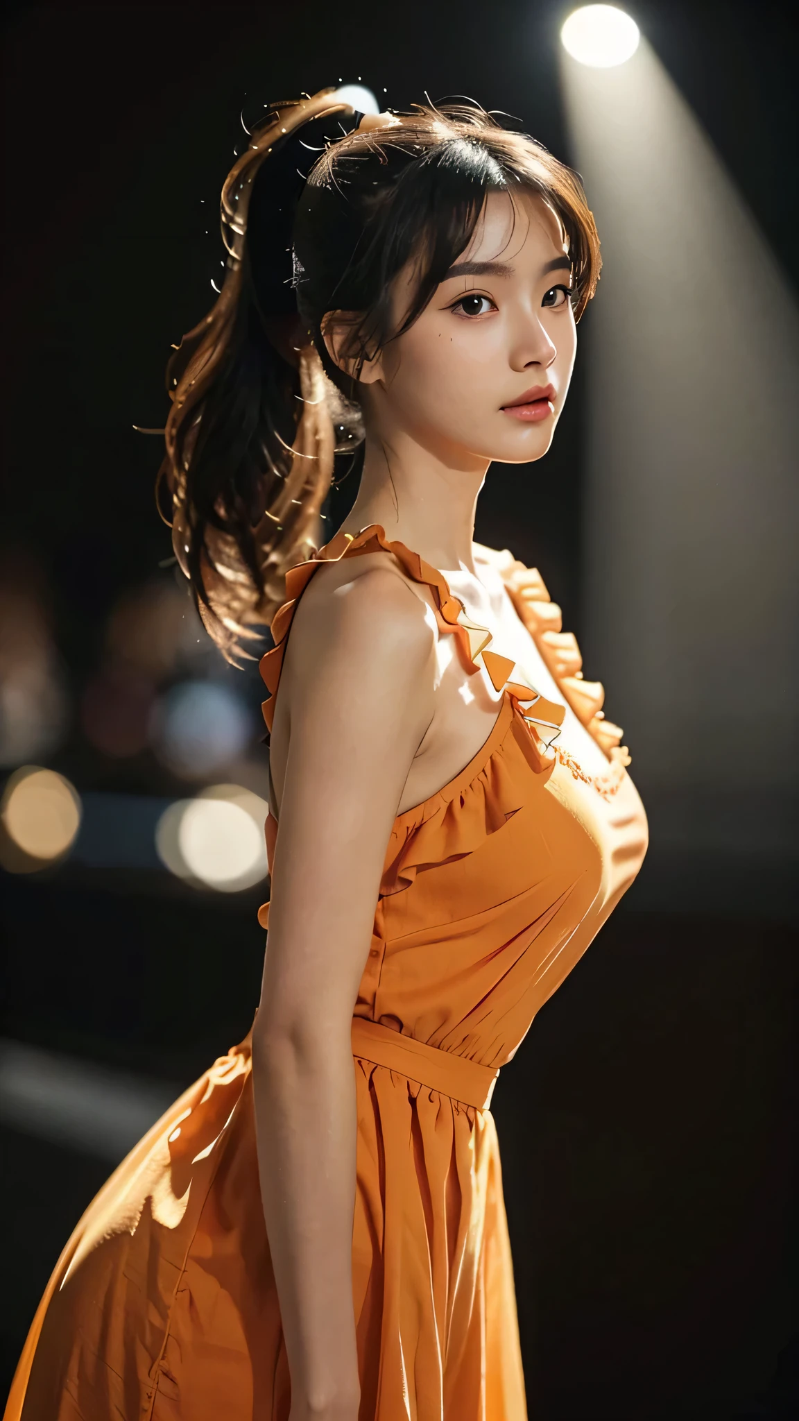 Orange colored long dress with lots of ruffles, softly shaped skirt,Spotlight on stage,close-up of face, One woman,fully body photo,masutepiece, The highest image quality, High quality, the background is clear,Beautiful woman, Japanese, Detailed, Detailed eyes, Detailed skin, Beautiful skin, 超hight resolution, (reality: 1.4),Very beautiful woman, Slightly younger face, Beautiful skin, slender, (Ultra photo realsisim), (hight resolution), (8K), (Very detailed) (beautifully detailed eyes), (super detailed), (Detailed face), view the viewer, Fine details, Detailed face, Staring straight ahead, Staring straight ahead, photos realistic, Bright lighting, Professional Lighting, Black hair,poneyTail,a baby face,sixteen years old,Hairstyle is ponytail,long ponytail hairstyle,slight smile,