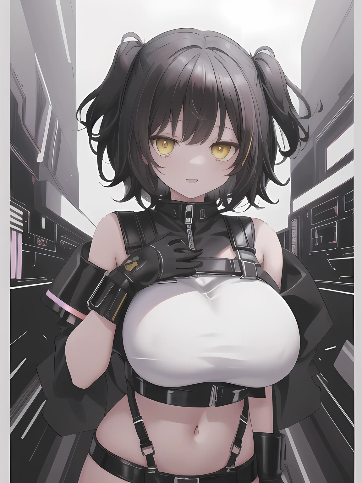 master piece,best quality,(super detail),perfect writing, Highly detailed CG,Super detailed,(highly detailed eyes,very cute face,highly detailed face:1.3),beautiful anime girl,(solo girl),(super huge breasts:1.7),(black hair,short hair,2 side up:1.7),(big yellow eyes:1.5),(low length),jitome,(smile full of joy),open your mouth,break,(Cyberpunk Costumes,white crop top,black cyberpunk leather jacket,Mechanical hair fastening),near future,leather micro mini skirt,Chest harness with complex shape,break,(digital background,Digital panel floating in the air),inorganic dark room,neon light,dynamic pose,spread both hands,cowboy shot