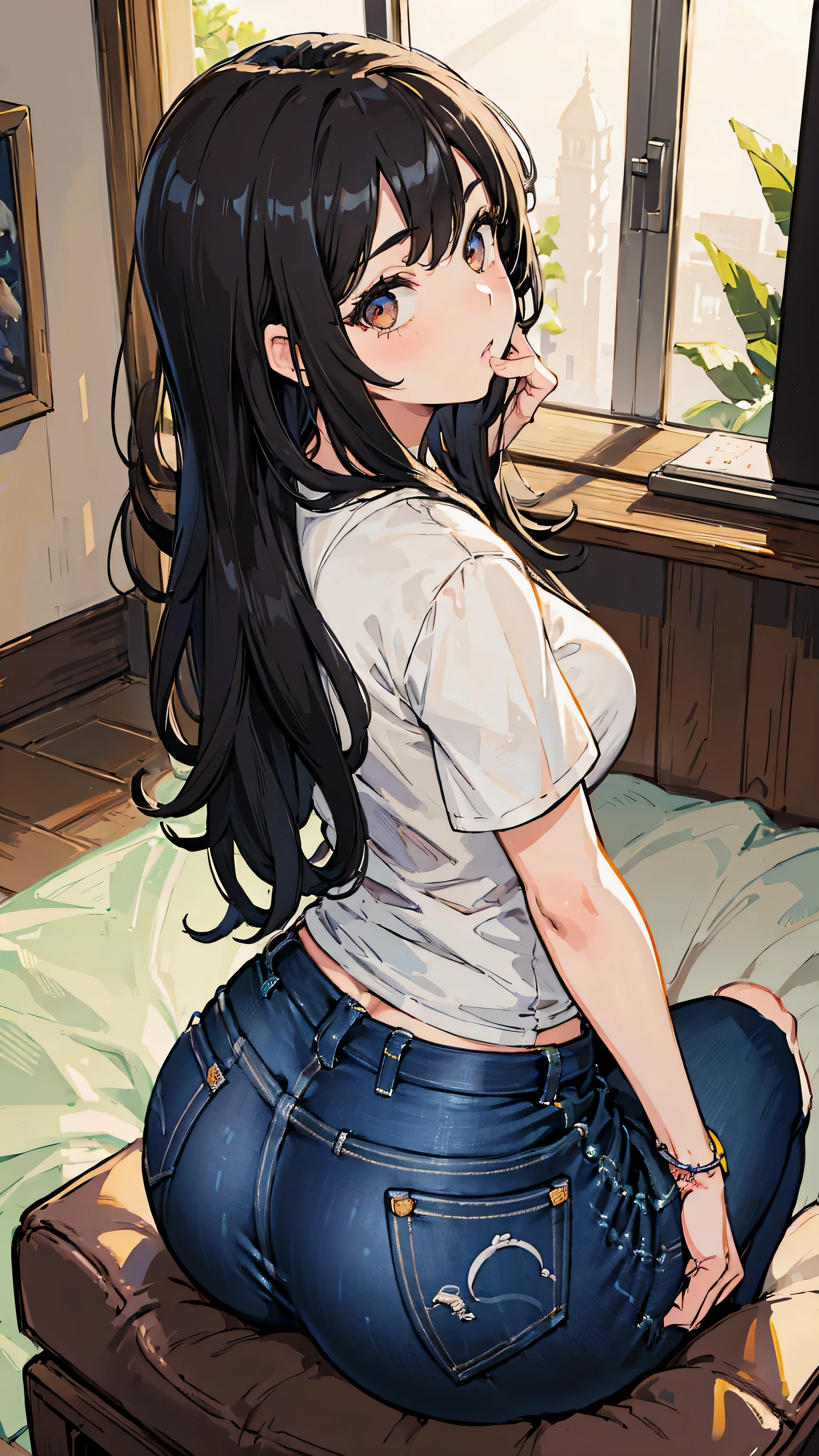 1 girl,alone,highest quality, masterpiece, 8K, very detailed,,sitting, looking at the viewer,jeans,white t-shirt,long hair,black hair,,big ass,NSFW,penis pressed against butt,