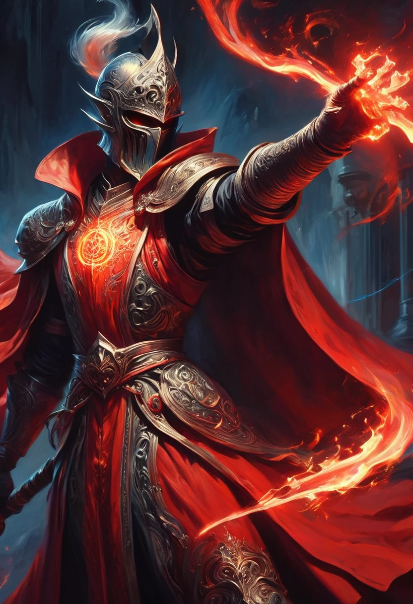 Cinematic shot of a mage wearing a red robe, holding red glowing staff by the handle, reflective light, masterpiece, best quality, perfect composition, very aesthetic, absurdres, ultra-detailed, intricate details, Professional, official art, Representative work