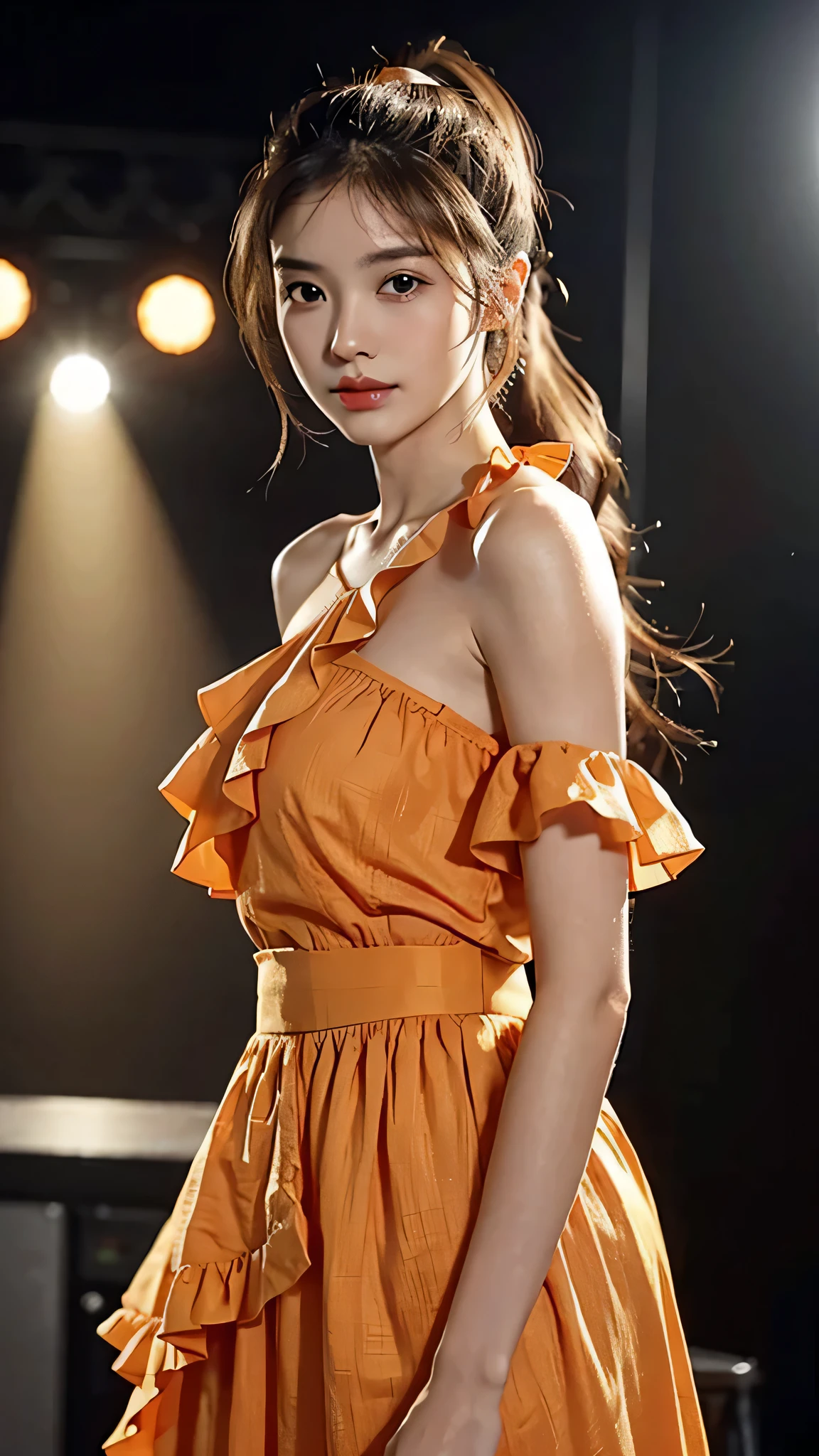 Orange colored long dress with lots of ruffles, softly shaped skirt,Spotlight on stage,close-up of face, One woman,fully body photo,masutepiece, The highest image quality, High quality, the background is clear，Beautiful woman, Japanese, Detailed, Detailed eyes, Detailed skin, Beautiful skin, 超hight resolution, (reality: 1.4),Very beautiful woman, Slightly younger face, Beautiful skin, slender, (Ultra photo realsisim), (hight resolution), (8K), (Very detailed) (beautifully detailed eyes), (super detailed),   (Detailed face), view the viewer, Fine details, Detailed face, Staring straight ahead, Staring straight ahead, photos realistic, Bright lighting, Professional Lighting, Black hair,poneyTail,a baby face,sixteen years old,Hairstyle is ponytail,long ponytail hairstyle,slight smile,