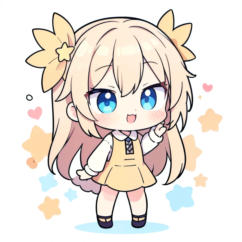 chibi emoji of an anime girl with reddish-blonde hair, blue eyes, and thick twin braids, wearing a cute outfit with pastel colors. Ensure her expression is cheerful and friendly, with a hint of mischief.