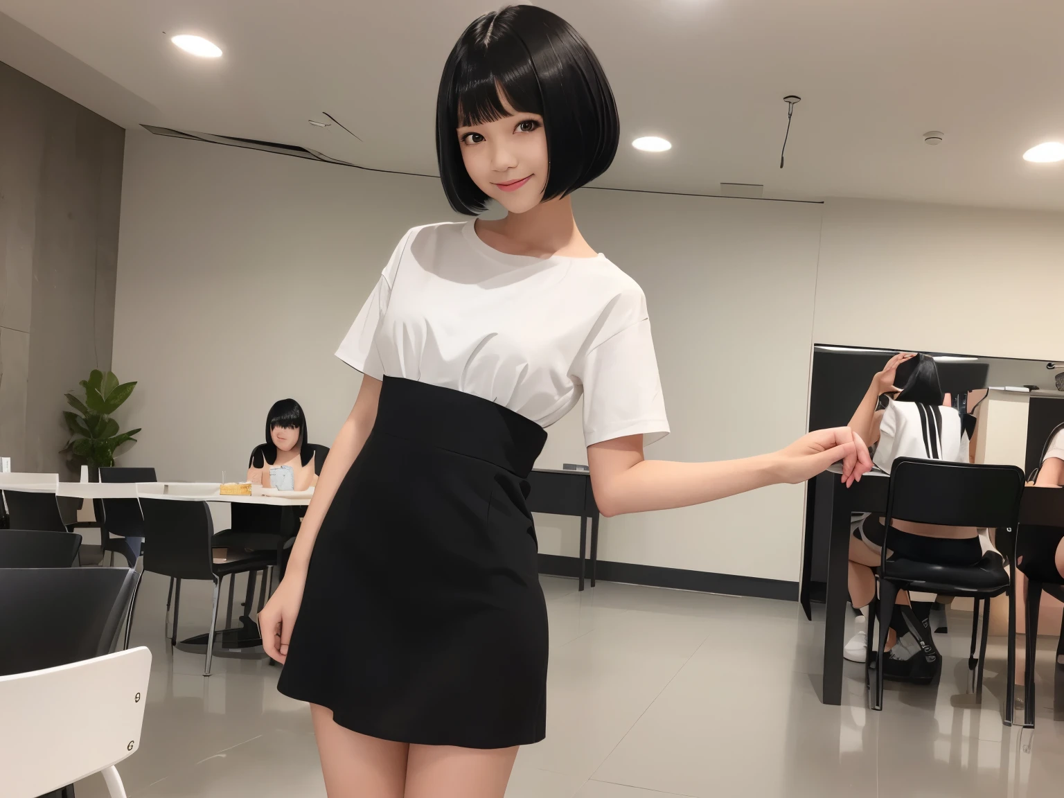 with the best image quality、 girl standing in the room、(((black bob hair)))、Whole body Esmanium、Cute smile with mouth closed.。white short-sleeved dress