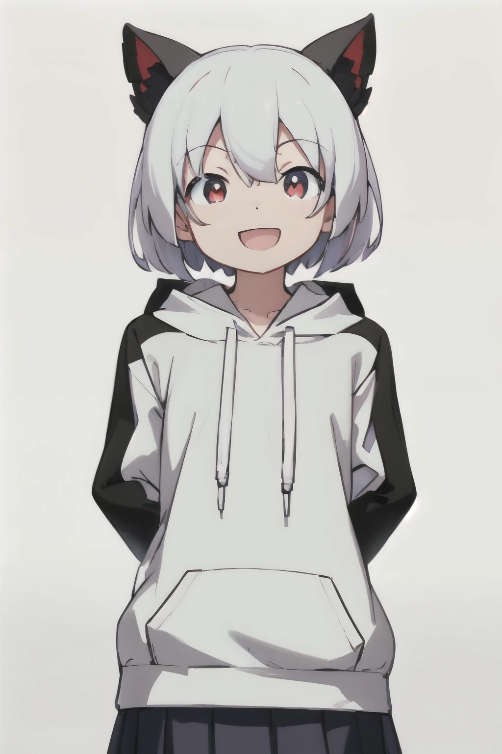white blazer白背景、Solid white background、blank background、arms behind back、hide your hands、beautiful detailed eyes、red eyes、White hair x red eyes、White hair, red eyes、redhead inside、「tsurime」「slant eyes」Upper body photographed from the front,(high quality, Breathtaking),(delicate eyes, perfect face)solo,Era: late 20s, open your mouth without showing your teeth、Smile with mouth wide open、open your mouth wide、shoulder-length short hair,, white hair, white hoodie、skirt、