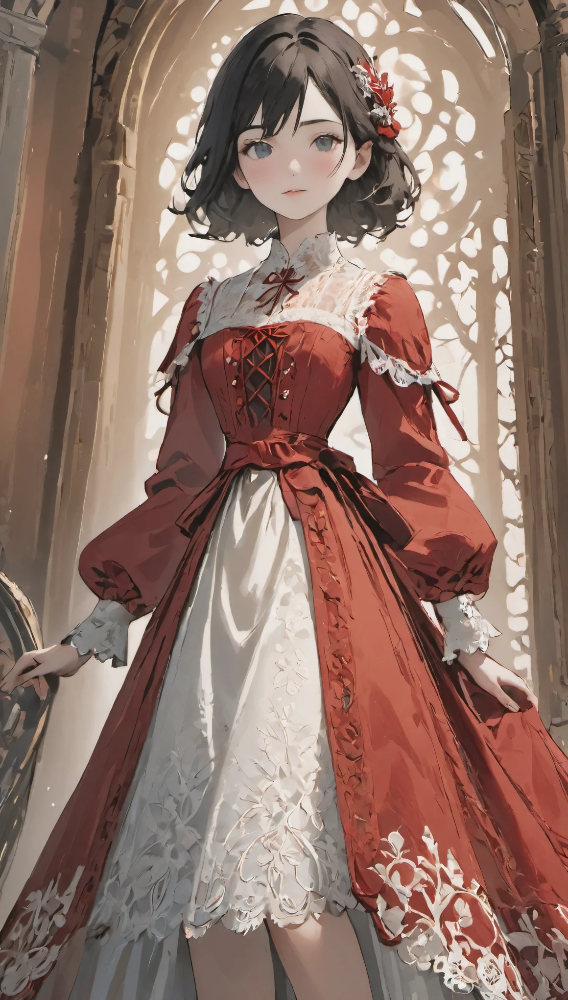 female adventurer, full body, Game Art Style, (masterpiece),  highest quality, High resolution, 4k, 8K, Detail view, intricate details, cinematic lighting, amazing quality, 1 girl、Elegant red and white lace style dress、A red and white line dress made of intricate and artistic lace、pretty dress、Super Luxury Dresses、beautiful black hair, great shading, soft lighting, Face-to-face camera, perfect eyes