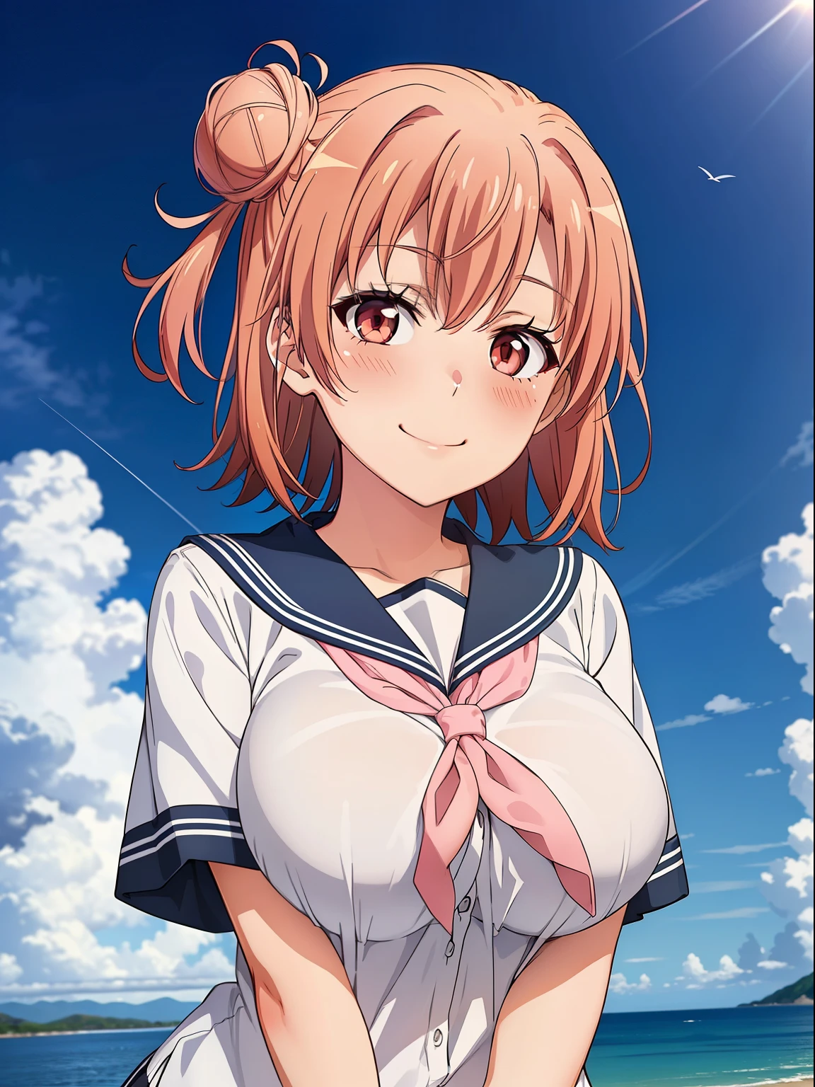 ((highest quality, High resolution,  perfect pixel, written boundary depth, 4k)), 1 girl,  beautiful anime girl, 
close, looking at the viewer, 
perfect body, 

yuigahama yui, huge breast, single hair bun, short hair, 

Sailor Uniform, 
(blush:1.2), A smile full of compassion, 

cloud, 