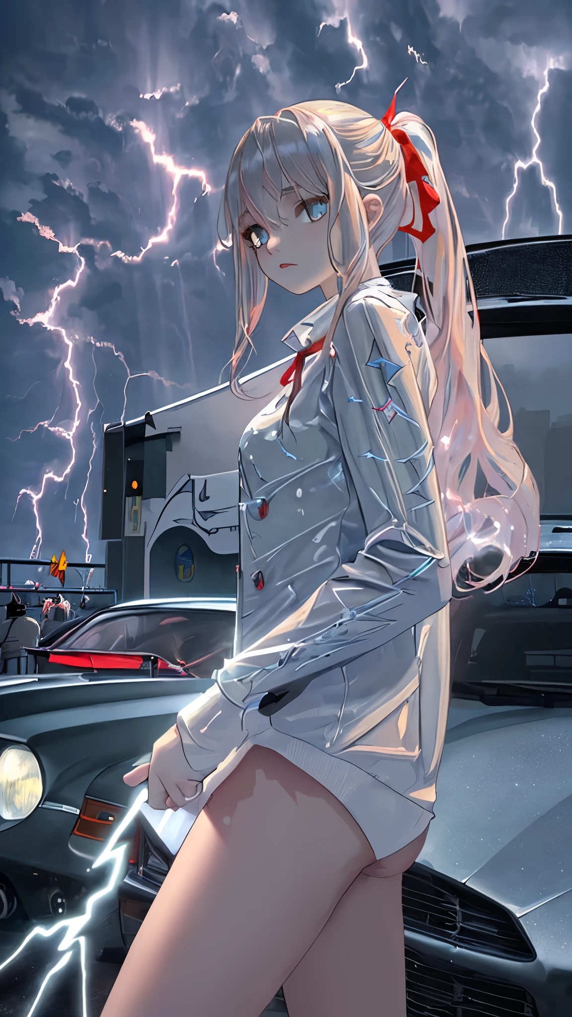 masterpiece, best quality, Car girl, 1 girl, standing right beside the car, ((Gawr Gura)), (Beautiful eyes:1.6), (Soft lightning:1.7), (highway Street), Wearing racing blue shark outfit, soft skin, ((Random low angle)), Empty road, Ponytail hair, Red ribbon, Dildo, climax, put hands in her panties