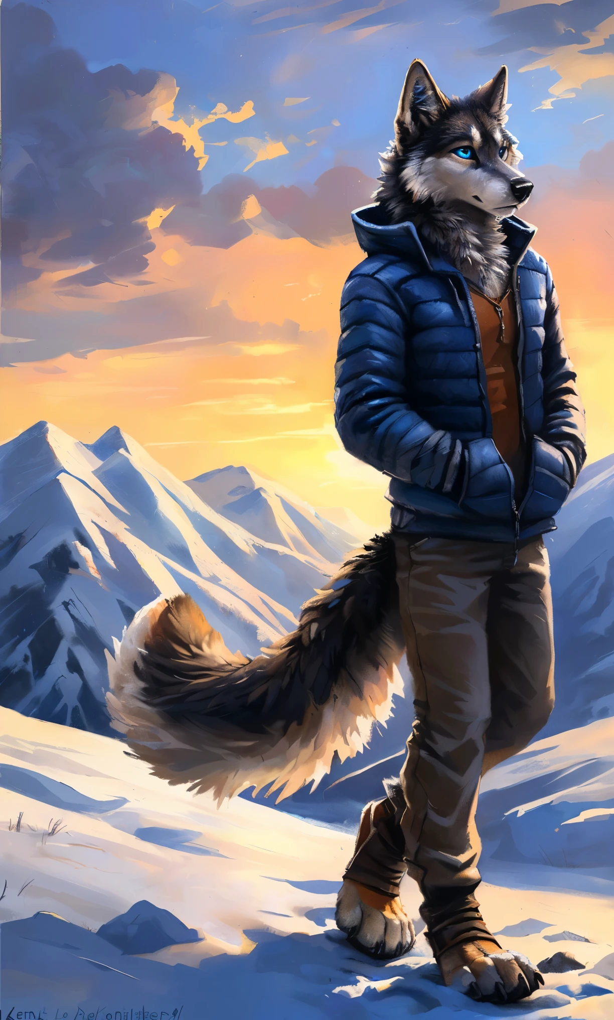 ((Solo)), male people, anthro wolf, (Multi-colored fur, White-brown:1.3,White tail pointed), (Height 2.1m,Tail length 1.2m), ((Wolf face, Big eyes, White eyelids, Blue pupil, Slim:1.2) (Tough, Calm expression:1.2)), Slim, pinging)), (Correct anatomy), (Winter clothing:1.1), The upper body naked, (detailed outfits),A long big tail,Feet,(Realistic fur, Detailed fur texture, labeled:1.3)), (Natural lighting), Photorealistic, Hyperrealistic, ultradetailed, by Kenket,Snowfield,erect through,Running on