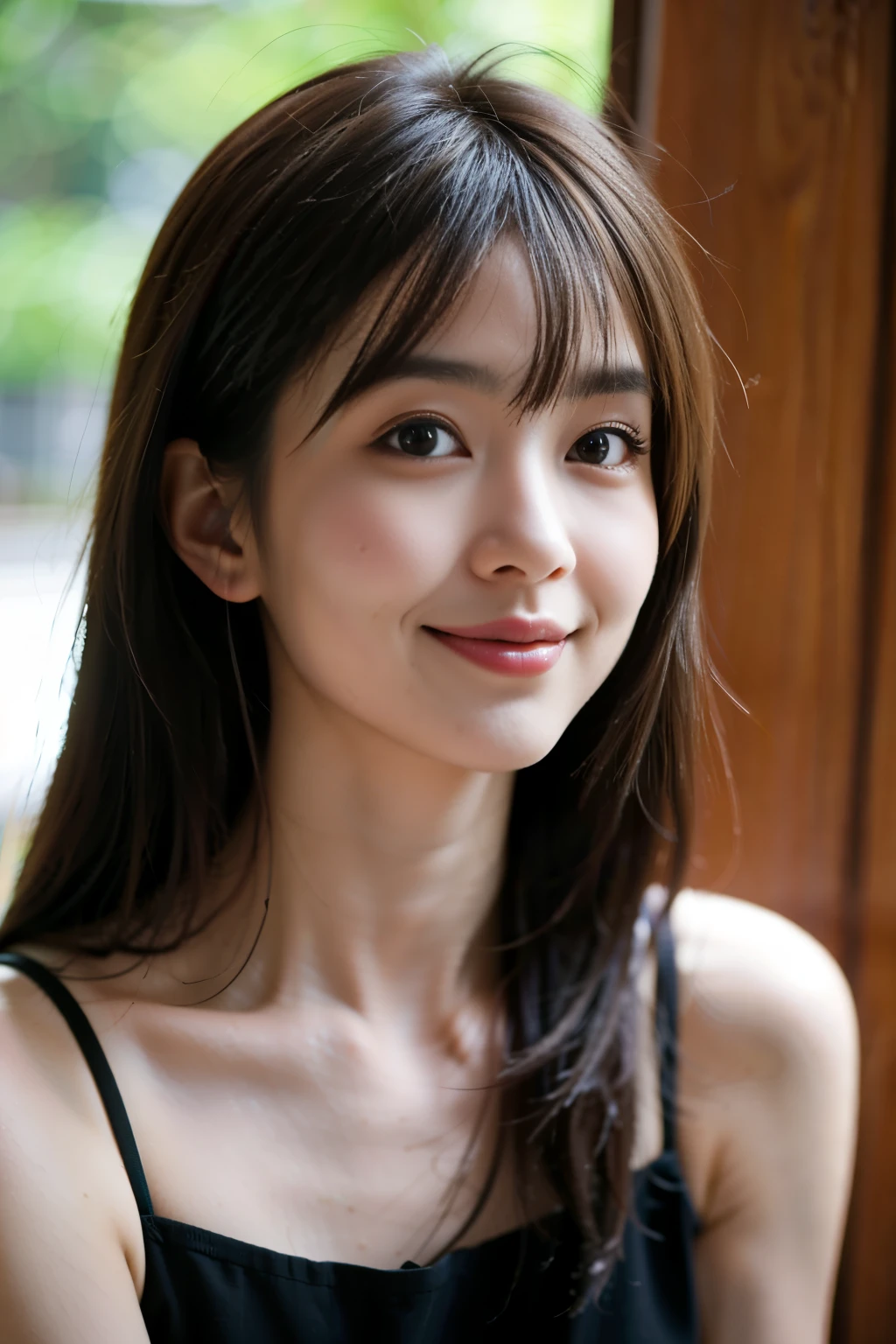 8k RAW写真,highest quality, highest quality:1.1, masterpiece:1.3,超A high resolution, (realistic:1.4), Raw photo, natural skin texture:1.1, Realistic eye and face details:1.2, lip whole, cute, (alone:1.6), (dark brown eyes), smooth skin, (brown medium hair,bangs)Japanese woman in her early 20s,Big eyes with crispness,plump cheeks,Give a cute impression with a smile,Season Spring,place cafe