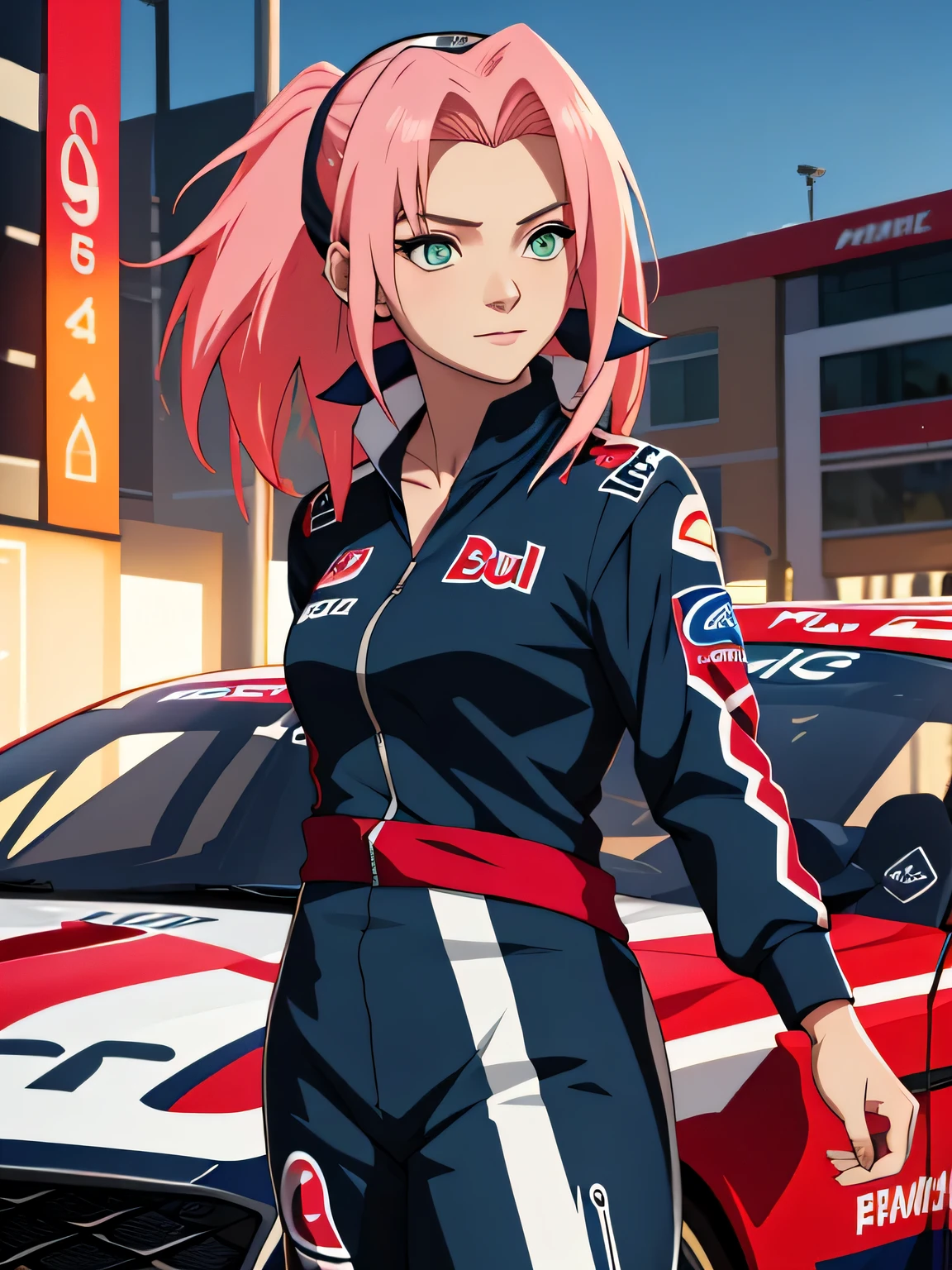 tmasterpiece， Best quality at best， 1girll， Sakura Haruno，Raised sexy，is shy，ssmile，with pink hair， long whitr hair， （Green eyeballs:1.4), Pole Position, standing alongside her car, anime style, bright colors, dynamic lighting, shiny finish, attention to detail, wearing full dark blue red bull race driver suit, background holden zb commodore race car, show the car hood,  exciting atmosphere, vivid expressions