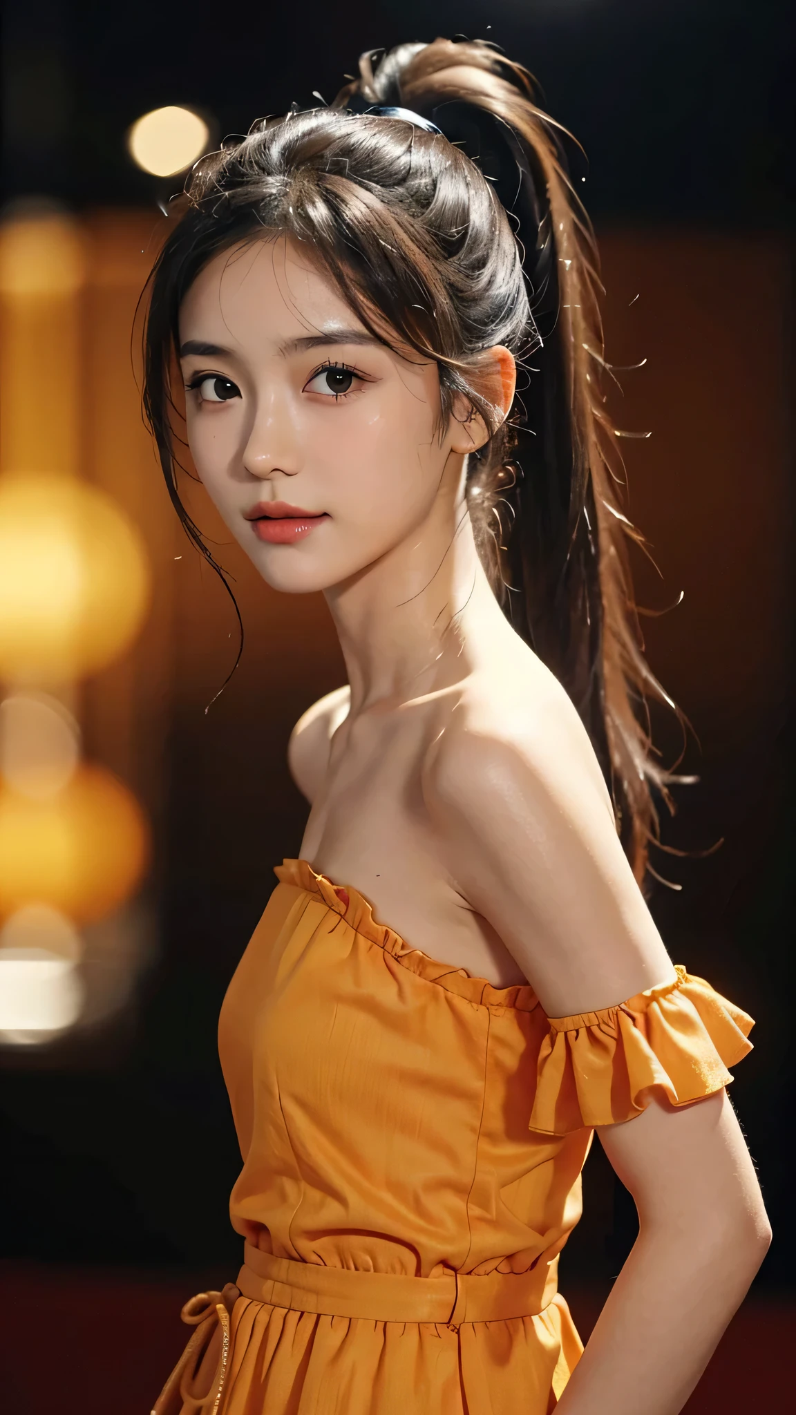Orange colored long dress with lots of ruffles, softly shaped skirt,Spotlight on stage,close-up of face, One woman,fully body photo,masutepiece, The highest image quality, High quality, the background is clear,Beautiful woman, Japanese, Detailed, Detailed eyes, Detailed skin, Beautiful skin, 超hight resolution, (reality: 1.4),Very beautiful woman, Slightly younger face, Beautiful skin, slender, (Ultra photo realsisim), (hight resolution), (8K), (Very detailed) (beautifully detailed eyes), (super detailed), (Detailed face), view the viewer, Fine details, Detailed face, Staring straight ahead, Staring straight ahead, photos realistic, Bright lighting, Professional Lighting, Black hair,poneyTail,a ,sixteen ye is ponytail,long ponytail hairstyle,slight smile,