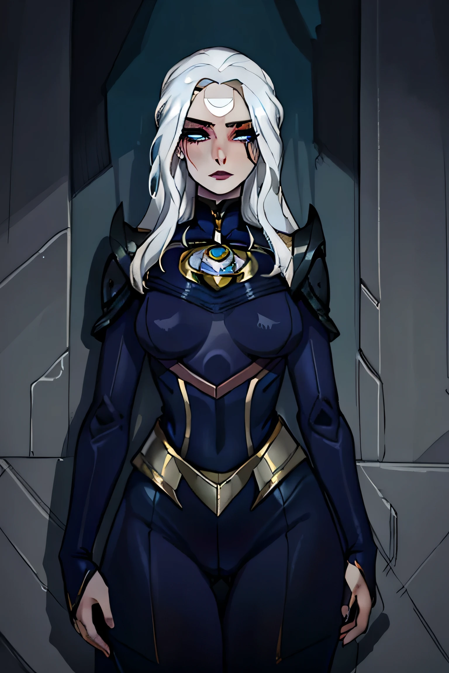 masterpiece, best quality, diana, dieague of legends\), 1girl, full dark navy blue bodysuit, dark makeup, straight white hair, white iris, portrait, pale skin, moon, tight clothing, standing, detailed, beautiful, dark clothing