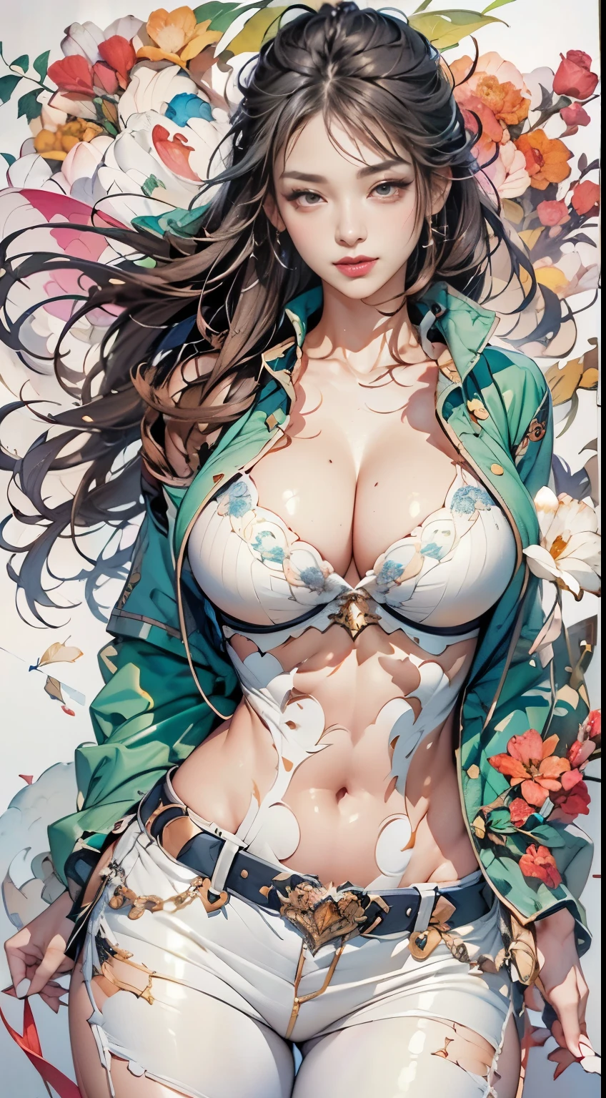 full body portrait,beautiful woman , long black hair,::((better quality)), ((masterpiece)), (Very detailed:1.3)(masterpiece:1.2, better quality), (Delicate and beautiful eyes: 1.2), (masterpiece:1.2, better quality), (Delicate and beautiful eyes: 1.2), (masterpiece:1.2, best quality), (Delicate and beautiful eyes: 1.2), ((1girl Kelly Brook’s very beautiful breasts )), ((alone)), (red eyes:1.4), (Detailed eyes and detailed face:1.3),), (搭配破烂jeans和白色破烂T恤或连衣裙:1.3), (beautiful clear background:1.2), (Extremely detailed CG, Super detailed, best shade:1.1), ((depth of field)), ((watercolor)), plump, bare shoulders, flowers and petals, Beautiful concept map , (White background:0.5), (illustration :1.1), (extremely exquisite:1.1), (perfect details: 1.1), masterpiece, high quality, high resolution, Detail enhancement, 8K, HD, masterpiece, better quality, high quality, high resolution, Detail enhancement, ::Style Joe Madureira comic style ::2.9 (masterpiece:1.2, best quality), (Delicate and beautiful eyes: 1.2), ((1girl Ashley Alexis beautiful female breasts )), ((alone)), (red eyes:1.4), (Detailed eyes and detailed face:1.3),), (搭配破烂jeans和破烂白色T恤或破烂连衣裙:1.3), (beautiful clear background:1.2), (Extremely detailed CG, Super detailed, best shade:1.1), ((depth of field)), ((watercolor)), , bare shoulders, flowers and petals, Beautiful concept map , (White background:0.5), (illustration :1.1), (extremely exquisite:1.1), (perfect details: 1.1), masterpiece, high quality, high resolution, Detail enhancement, 8K, HD, masterpiece, better quality, high quality, high resolution, Detail enhancement, 1 lady, black ponytail, Wearing a green crop top & Denim jacket, jeans, long legs,tall figure,smoke, cigarette in his hand, Blow out the water vapor from your mouth, 8K