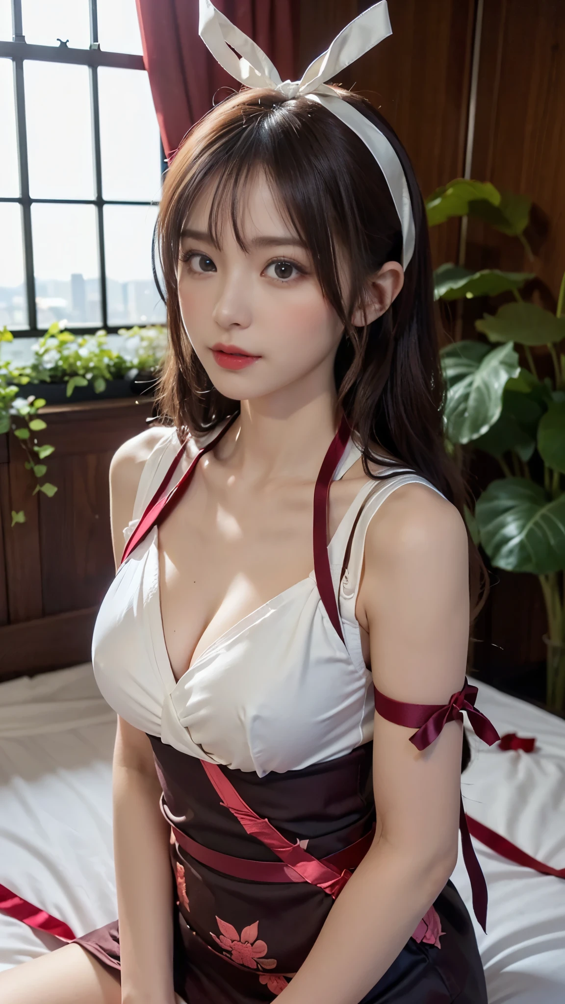 table top, highest quality, One girl, (beautiful girl:1.3), (28 years old:1.3), very fine resolution, (symmetrical eyes:1.3), night view, Foliage plant, sitting on the bed, (Big ribbon on the chest, wrap the ribbon around your body:1.5), (good, panties:1.2), beautiful breasts, big breasts, valley, parted bangs, girl、view from the side