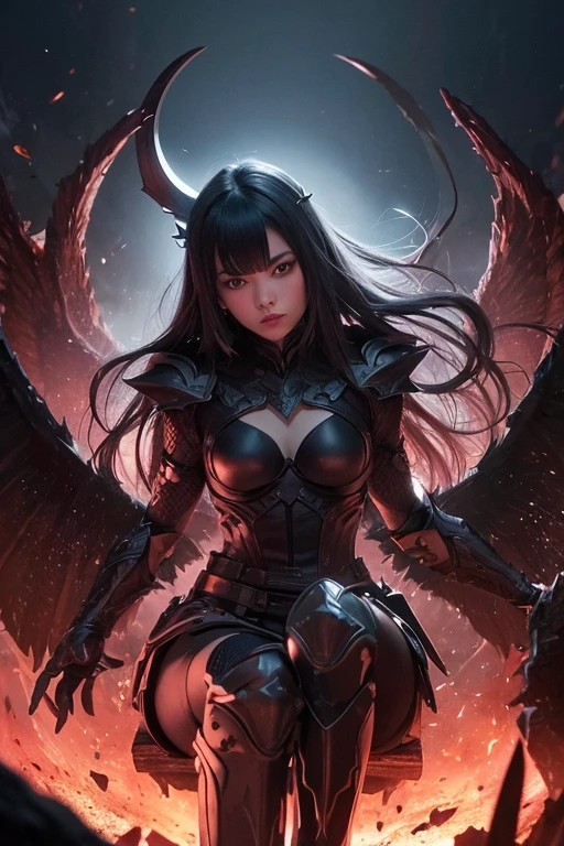 (obra de arte:1.2), Melhor qualidade, high resolution, papel de parede da unidade 8k, (illustration:1.0), lindo detalhado, extremamente detalhado, Perfect Lighting, extremamente detalhado CG, an exquisitely crafted obra de arte showcases a formidable female dark knight, wearing sleek black armor that glows menacingly in the dim light. Your face hidden in the depths of a menacing helmet, emanando uma aura de terror e pressentimento. O pano de fundo brilha com um inferno de chamas furiosas, symbolizing the chaos and destruction of war. Comandando a cena de um trono majestoso, o cavaleiro das trevas senta-se em uma postura lateral, cruzando as pernas com um ar de autoridade real. With head resting on one hand, a faint trace of blood stains his armored gauntlet, hinting at the violence and battles she faced.