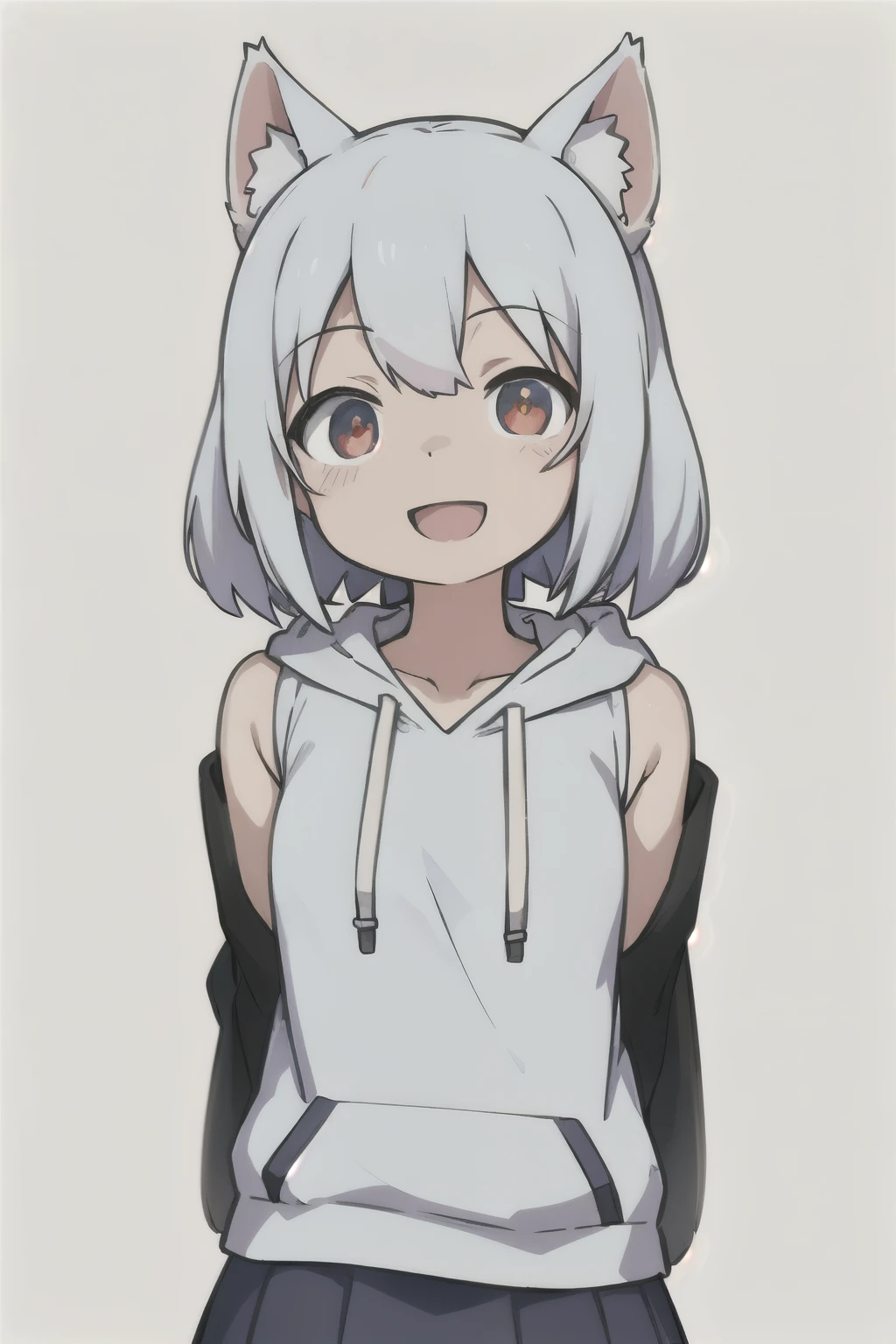 white blazer白背景、Solid white background、blank background、arms behind back、hide your hands、beautiful detailed eyes、red eyes、White hair x red eyes、White hair, red eyes、redhead inside、「tsurime」「slant eyes」Upper body photographed from the front,(high quality, Breathtaking),(delicate eyes, perfect face)solo,Era: late 20s, open your mouth without showing your teeth、Smile with mouth wide open、open your mouth wide、shoulder-length short hair,, white hair, white hoodie、skirt、