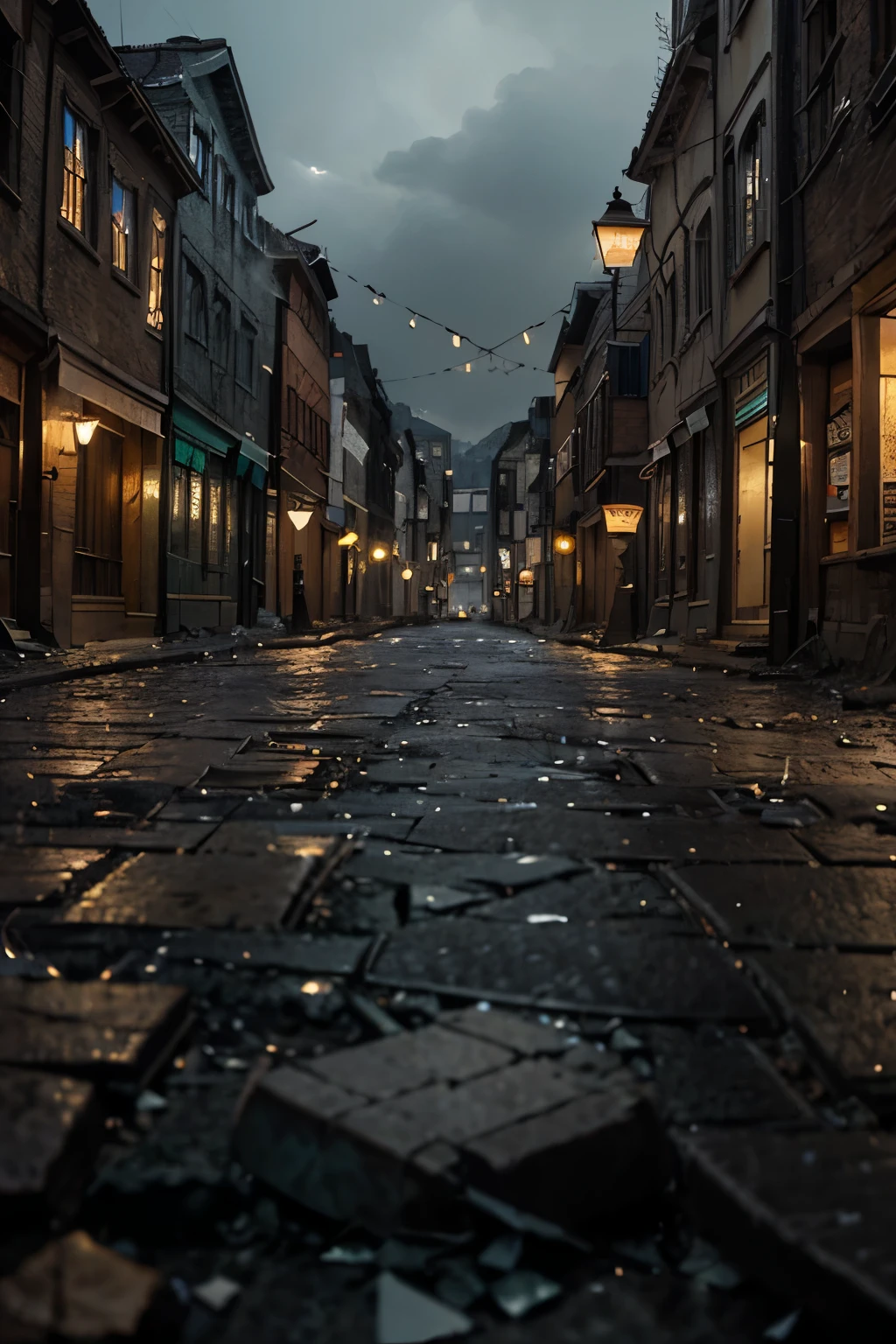 In this forsaken old city district, the worn cobblestone streets are covered with a thick layer of dust, each stone bearing the scars of time. Scattered remnants of building columns and weathered walls stand silent and forlorn, their stories forever untold. Shattered wooden planks board up some windows, their cracked panes reflecting the ghostly echoes of the past. The dimly lit street lamps cast flickering shadows on the cobblestone streets, creating deep contrasts that evoke a sense of foreboding and mystery. In the distance, the wind rustles through withered leaves, carrying a hint of eerie silence that seems to linger in the air. Within this fors