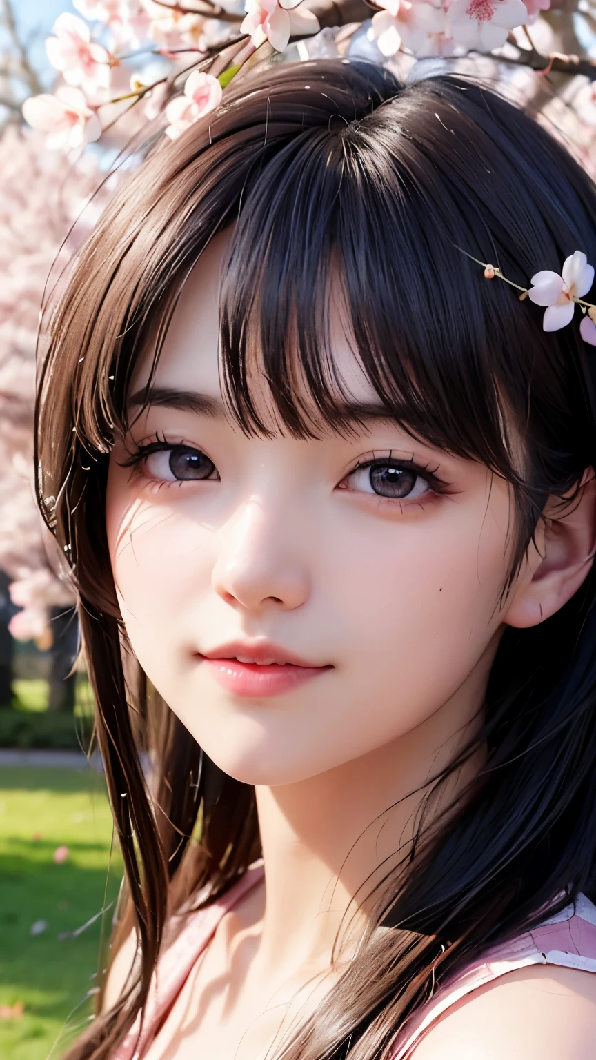 (A logo、masterpiece、8K、masutepiece、Raw photo、Fantastic、Best Quality、Photorealistic and ighly detailed CG integrated 8k wallpaper、hightquality、ighly detailed、epic poem、Particle effect、Dynamic effects、depth of fields、Cinematic Light、Lens Flare、Ray tracing)、Fantasia、 (Beauty 1 person、doress、Dress、Cherry blossom pattern、A dark-haired、Beautiful face、Real Face、beautiful details eyes beautiful skin)、my hair dances in the wind、Hair flutters in the wind、Hair jumps、Pink cherry blossom tree、Petals flutter、Sakura blizzard、Superb view、morning glow、Sun in the background、the wind、