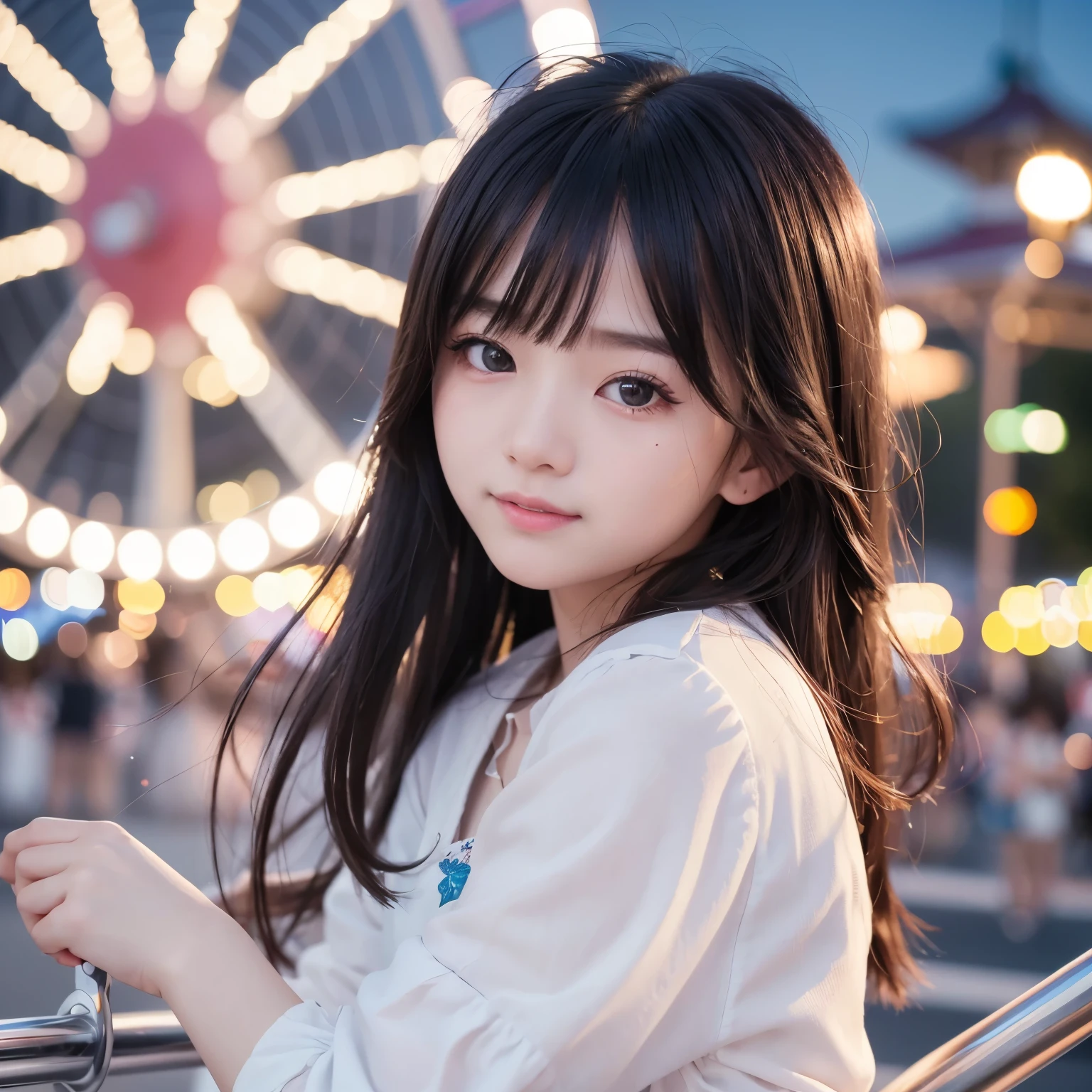 (8K、highest quality、超A high resolution、masterpiece:1.2)、(Photoreal:1.4)、(detailed skin:1.3)、(Bokeh)、1 girl、(Ulzzang-6500:1.0)、(style digit: 0.8)、Portrait of a cute teen of 15 years old、15 year old beautiful Japanese girl、teen、(eye for detail) 、laughter、(amusement park at night、light up、illumination)、Stayed、happiness、lots of balloons、Ferris wheel、merry-go-round、roller coaster、Exquisite CG 8K wallpaper、dynamic angle、beautiful lighting、professional lighting、(sharp focus)
