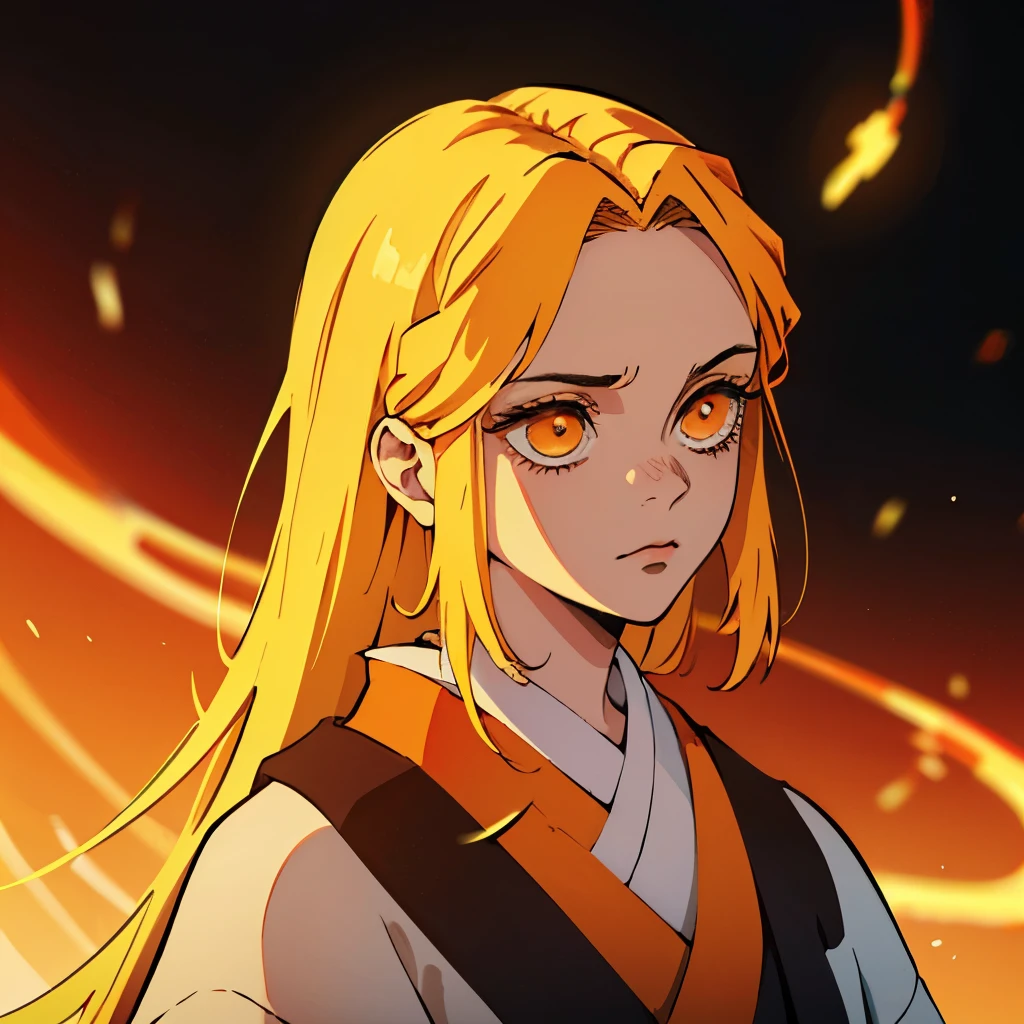 1 garota,Melhor qualidade, obra de arte, high resolution, 1 garota espadachin, sozinha, com roupas japonesas, Her hair is long orange, seus olhos escuros, seu cabelo preso, exuding an aura of seriousness.