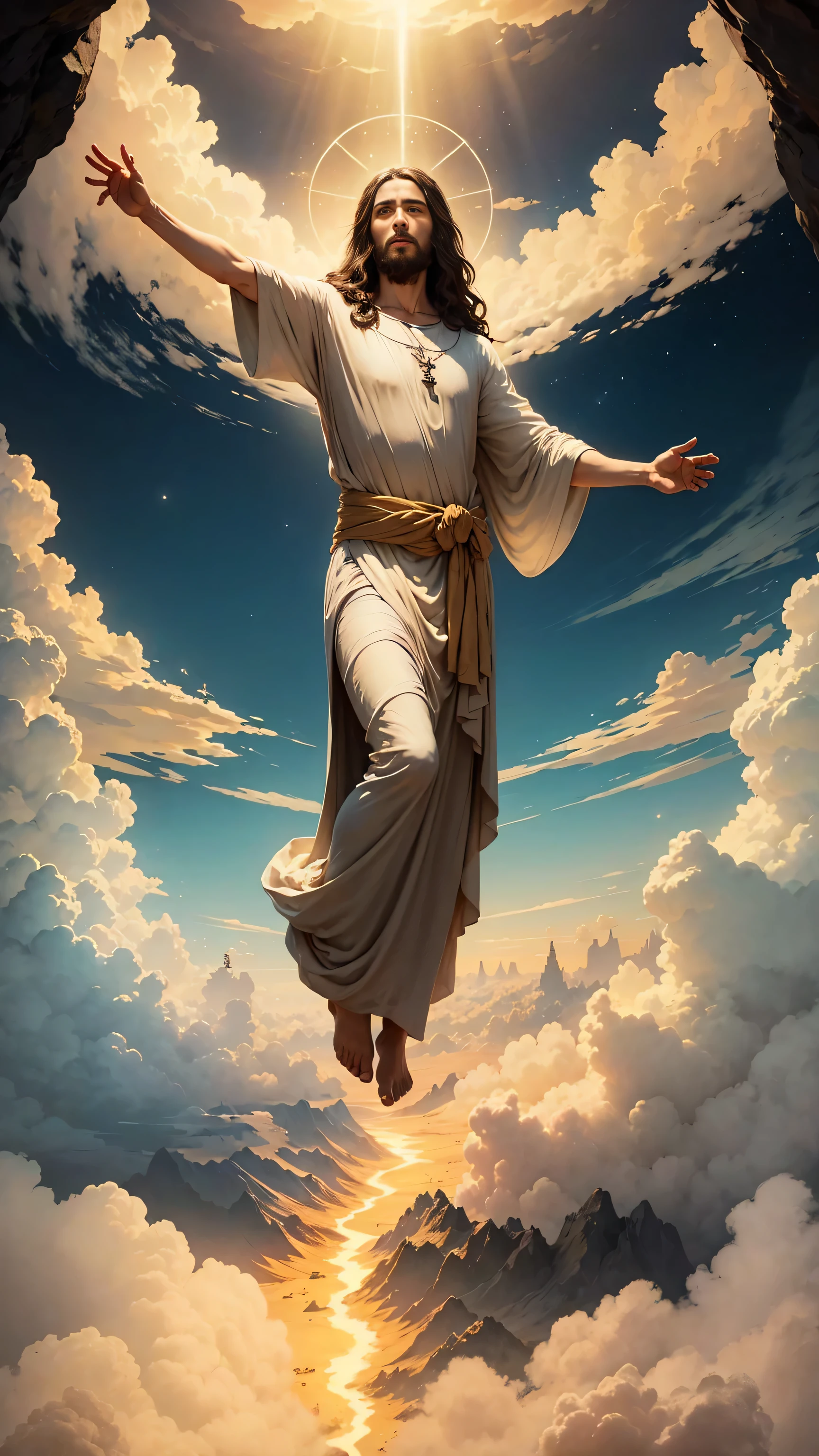 Jesus come out from the Cave, high in the air, sacred,Jesus light,Jesus is floating in the sky above the clouds,face shines