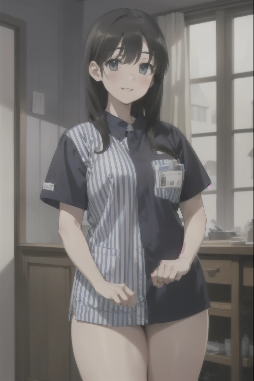 ((masterpiece)), ((best quality)), (ultra-detailed), ((extremely detailed)), 4K, (8K), best quality,1girl, (((perfect anatomy))), (((((five fingers))))), (((((beautiful detailed eyes))))), (((world-class quality))), photorealistic, extremely detailed, high resolution, (((detailed shaded pretty face))), ((((house wife)))), solo, (((sagging breasts))), ((glowing detailed skin and hair)), white-skinned, ((((gleaming skin)))), , huge ass, happy smile, (), full-face blush, (wearing blue and white striped and half blue shirt), name tag, (well-fleshed), potbelly, oil, Thick thighs