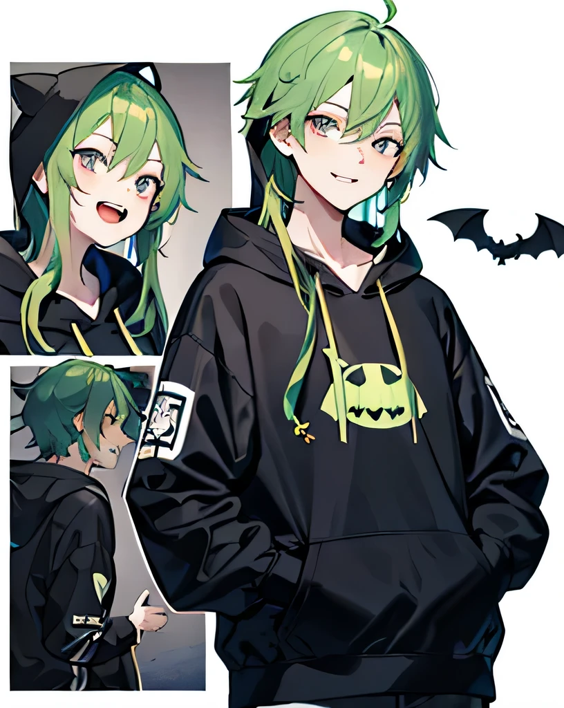 masterpiece,1 boy,alone,long hair,green hair,bat hoodie:1.5,put your hand on your waist, put one&#39;s hand in one&#39;s pocket,No background,smile:1.5,open your mouth