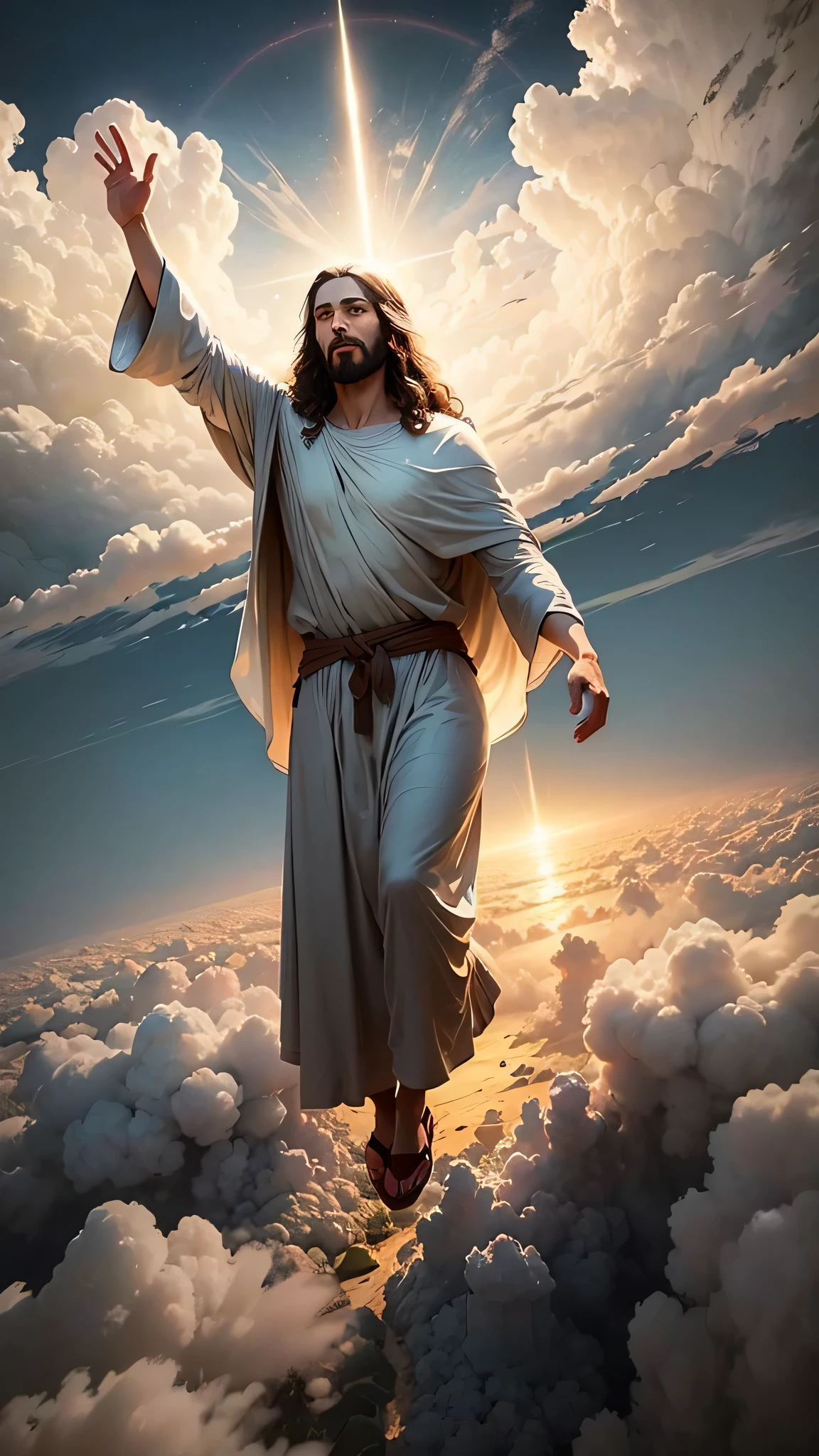 Jesus come out from the Cave, high in the air, Jesus is floating in the sky above the clouds，face shines