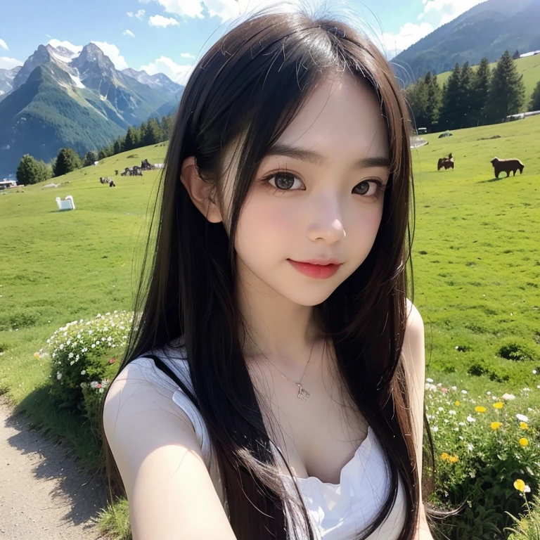 highest quality, High resolution, (realistic:1.2), 1 girl, Japanese beautiful girl, Upper body, Smile, big slit eyes, (big double eyelids:1.5), plump cheeks, long black hair, Smooth straight hair, slender, Are thin, small breasts, one piece, (focus on face, Depth of the bounds written:1.5), Alpine Meadow, Switzerland, Graubünden, sunny, bright light,