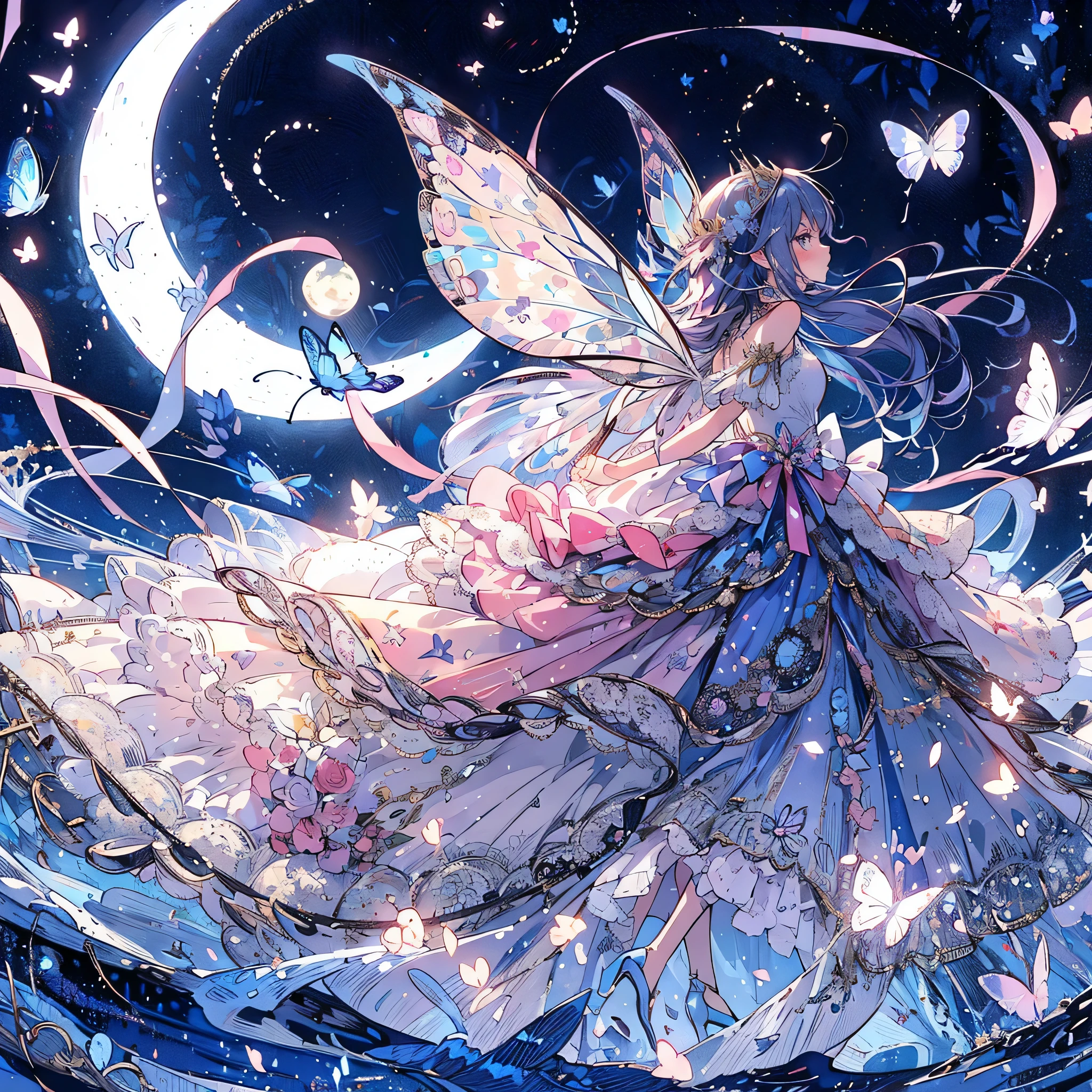 (exquisite, beautiful, very detailed, masterpiece, high quality,High resolution),(body whole,from a little far away,from head to feet),(design art,soft thin lines:1.2, beautiful and delicate face,Transparent illustration),(fairy princess,Has butterfly-like fairy wings),Under the night sky, a fairy holds a star,(幼いfairy princess,Has butterfly-like fairy wings), ((Moon-inspired ball gown dress,dress,pastel colour,Fairy wings from the back)),(night,full moon,moonlight,shooting star,Meteors,starry sky), ((fun,smile)), (medium hair:1.5), (small star tiara,earrings,beautiful choker,Gold ankles),(deep pink cheeks,plump pink lips,big bust,Fair skin, good style), (pastel colour,bright atmosphere,colorful,highly saturated,fantasy),
