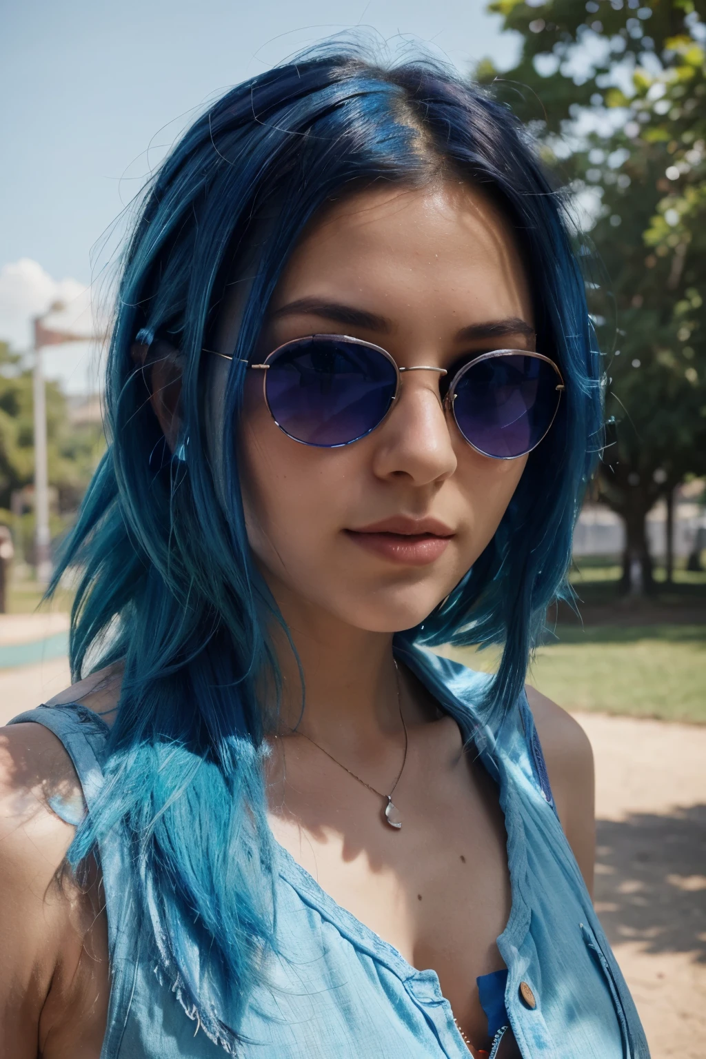 (best quality,ultra-detailed),blue-haired,sexy girl,slightly distant from the camera,wearing sunglasses,instagram profile picture style,portrait,fine details,stylish attire,vibrant colors,focus on hair and eyes,soft lighting, rodeada de personas en un parque