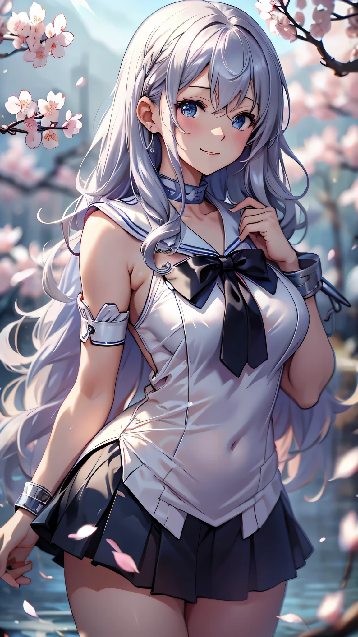 最high quality、best image quality、masterpiece、girl((18-year-old、 By becoming、vest bust、medium bust,wide open breast tea、shining eyes, silver hair、long hair、thin,highest valley、white see-through sailor suit、White short skirt、Wristband、smile、Leaning forward)),high quality、beautiful art、background((SakuraFubuki、Falling cherry blossoms、Cherry tree、beautiful park、square、Cherry Meadow、Wind))、Flight、debris flies、Depth of written boundary、movie、visual art、perfect art、8K,genuine、