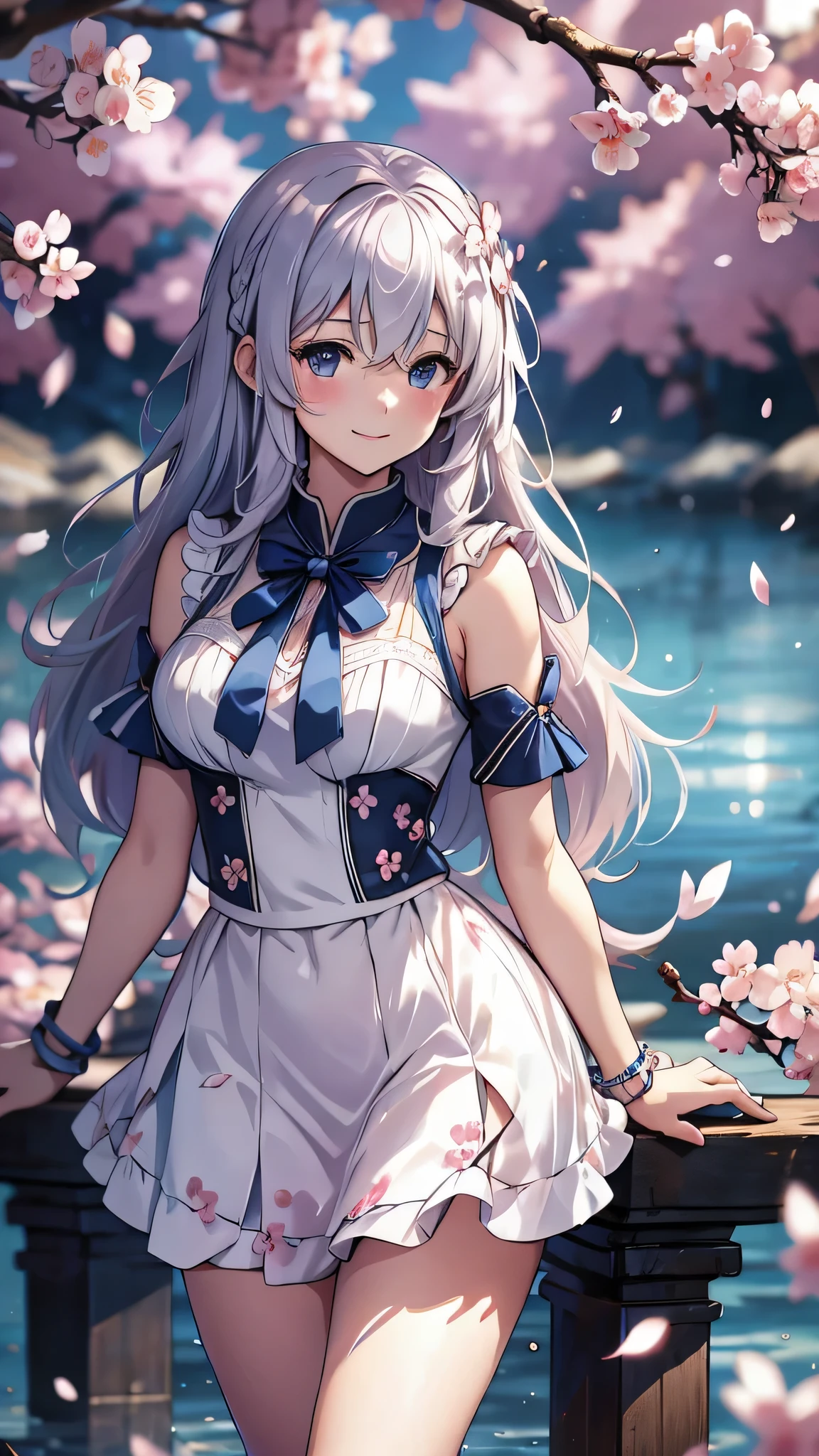 最high quality、best image quality、masterpiece、girl((18-year-old、 By becoming、vest bust、medium bust,wide open breast tea、shining eyes, silver hair、long hair、thin,highest valley、white see-through sailor suit、White short skirt、Wristband、smile、Leaning forward)),high quality、beautiful art、background((SakuraFubuki、Falling cherry blossoms、Cherry tree、beautiful park、square、Cherry Meadow、Wind))、Flight、debris flies、Depth of written boundary、movie、visual art、perfect art、8K,genuine、