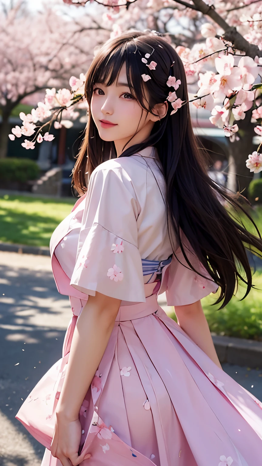 (A logo、​masterpiece、8K、masutepiece、Raw photo、Fantastic、Best Quality、Photorealistic and ighly detailed CG integrated 8k wallpaper、hightquality、ighly detailed、epic poem、Particle effect、Dynamic effects、depth of fields、Cinematic Light、Lens Flare、Ray tracing)、Fantasia、 (Beauty 1 person、doress、Dress、Cherry blossom pattern、A dark-haired、Beautiful face、Real Face、beautiful details eyes beautiful skin)、my hair dances in the wind、Hair flutters in the wind、Hair jumps、Pink cherry blossom tree、Petals flutter、Sakura blizzard、Superb view、morning glow、Sun in the background、the wind、